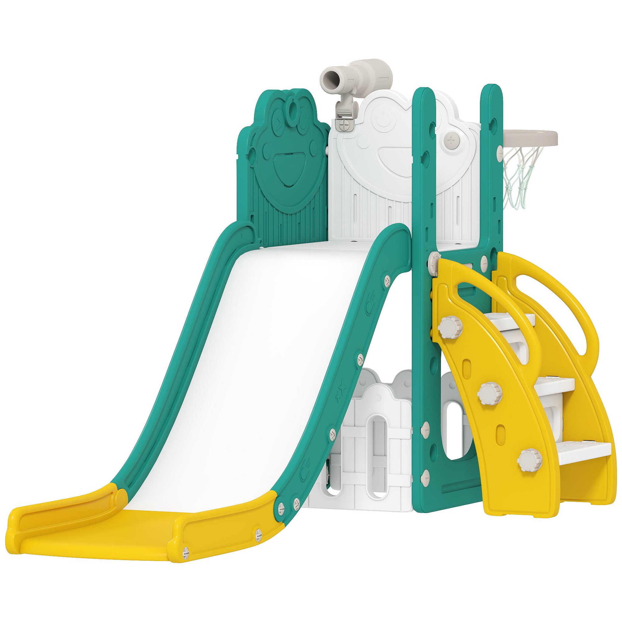 HOMCOM Toboggan enfant design grenouille - panier de basket-ball intégré - ballon, pompe inclus - HDPE blanc jaune turquoise
