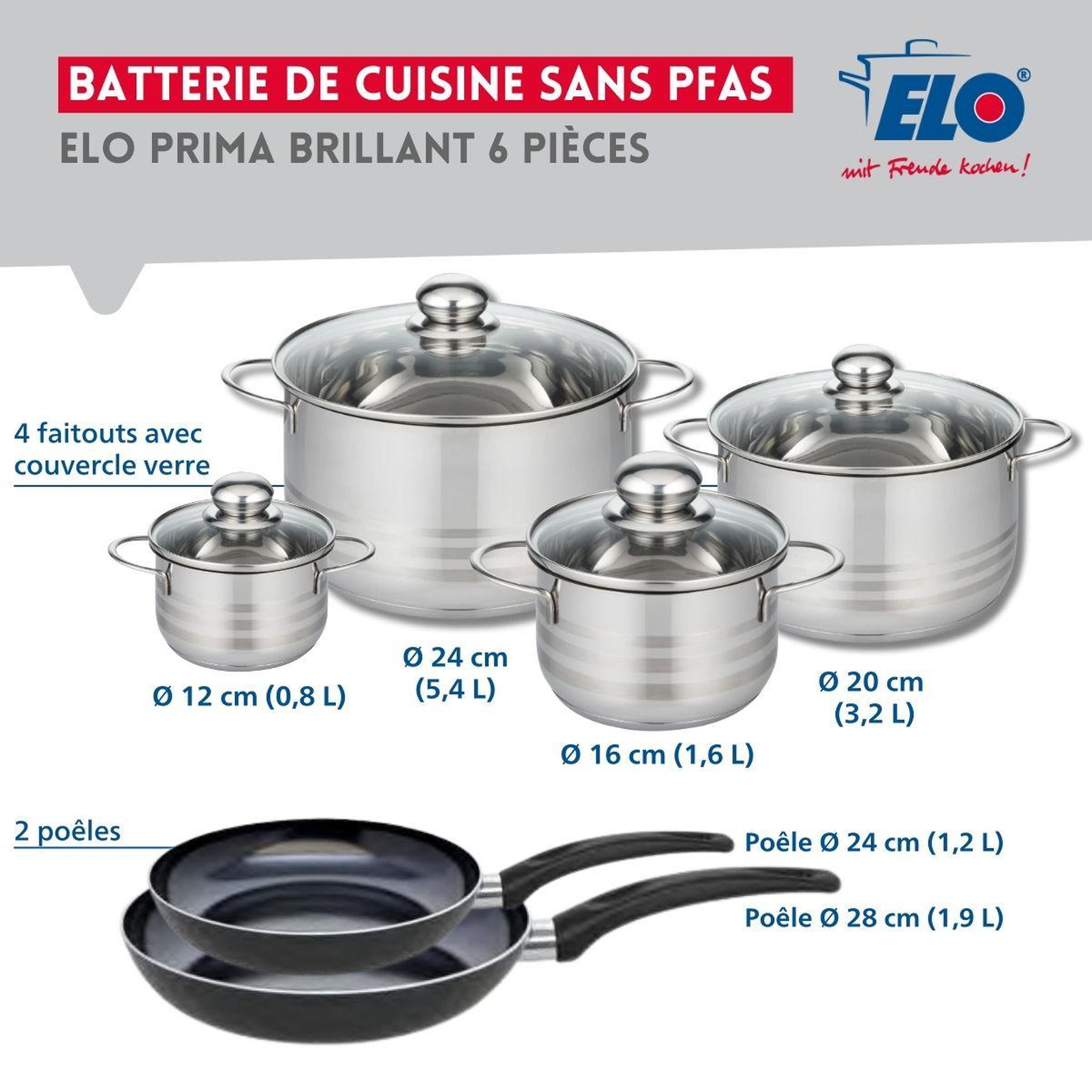 Voir la diapositive 2 : ELO Ensemble de 2 poêles de cuisson 24 et 28 cm et 4 faitouts 12, 16, 20 et 24 cm elo prima brillant