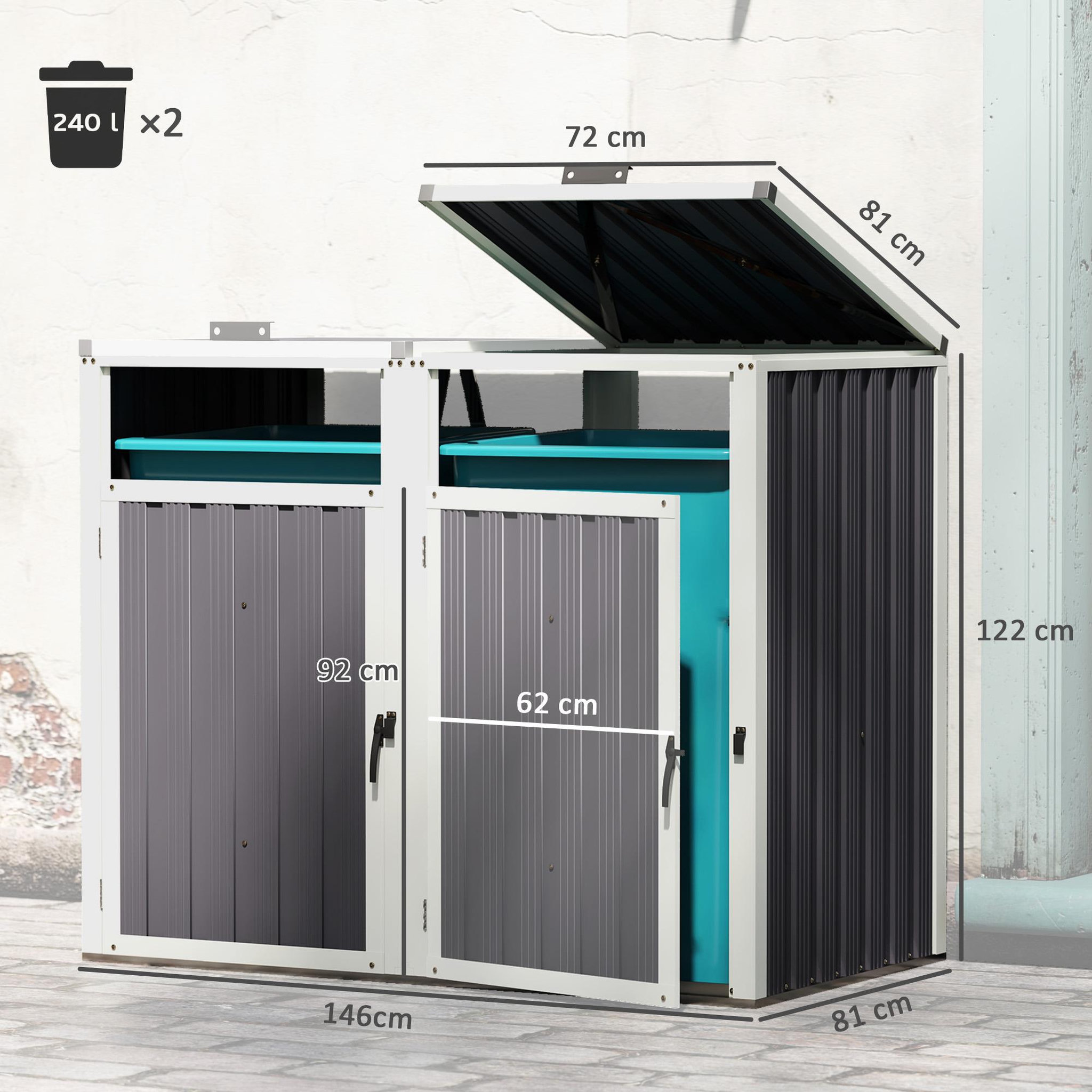 Voir la diapositive 3 : OUTSUNNY Abri poubelles double - cache poubelles 2 x 240L - portes, couvercles - tôle acier ondulé blanc gris