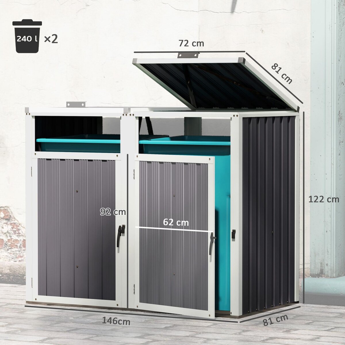 OUTSUNNY Abri poubelles double - cache poubelles 2 x 240L - portes, couvercles - tôle acier ondulé blanc gris