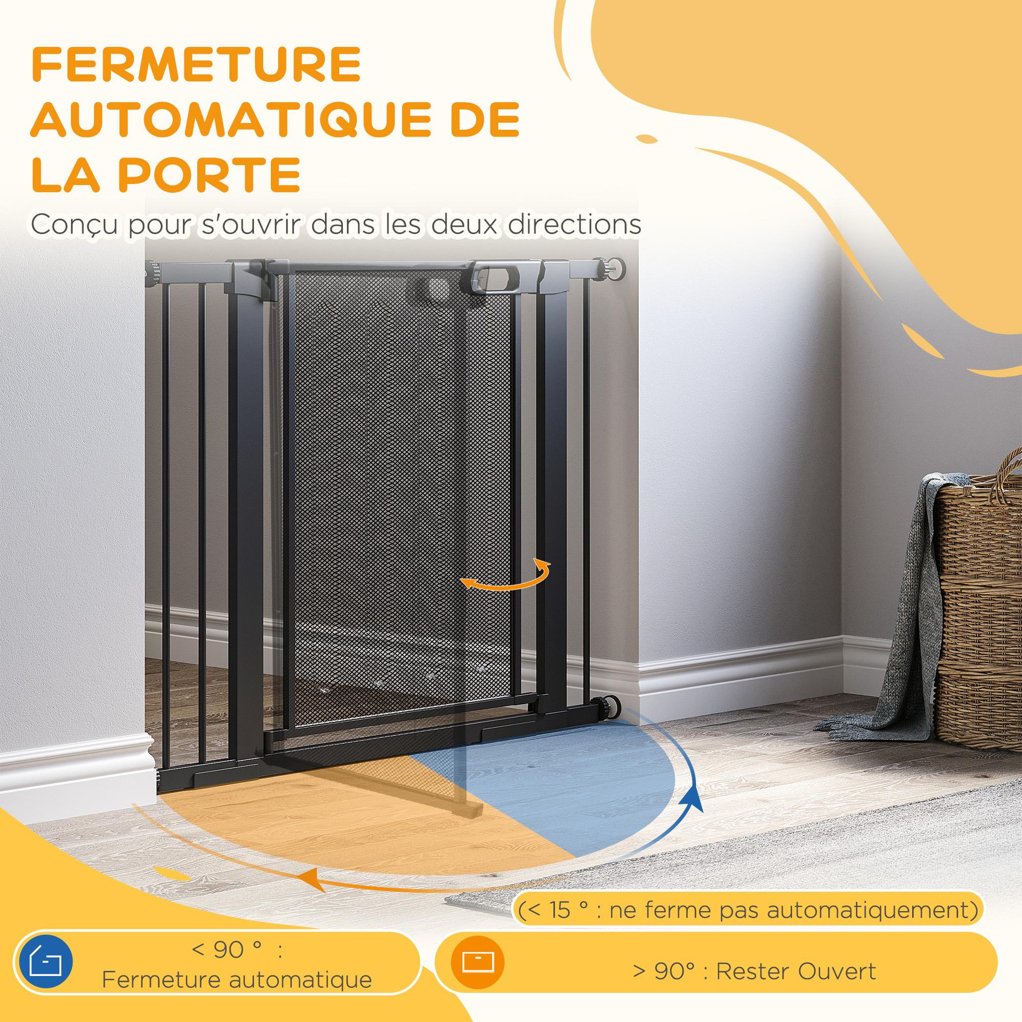Voir la diapositive 6 : PAWHUT Barrière de sécurité animaux - longueur réglable dim. 75-103 cm - porte double verrouillage, ouverture double sens -sans perçage - acier abs noir