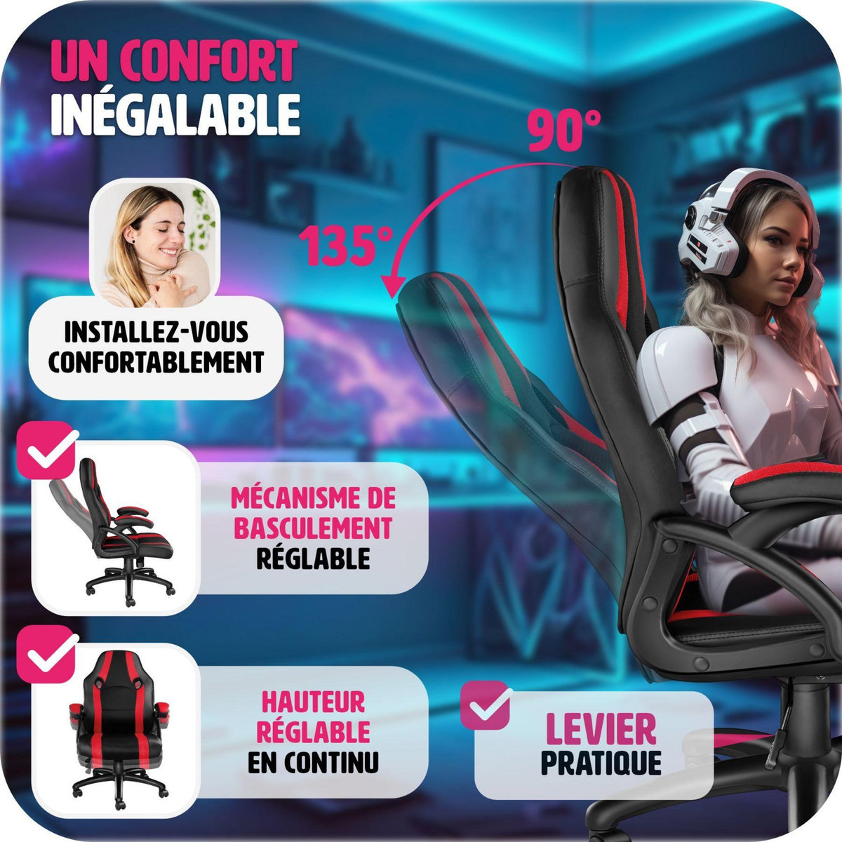 tectake Chaise de bureau à forme ergonomique noir/rouge