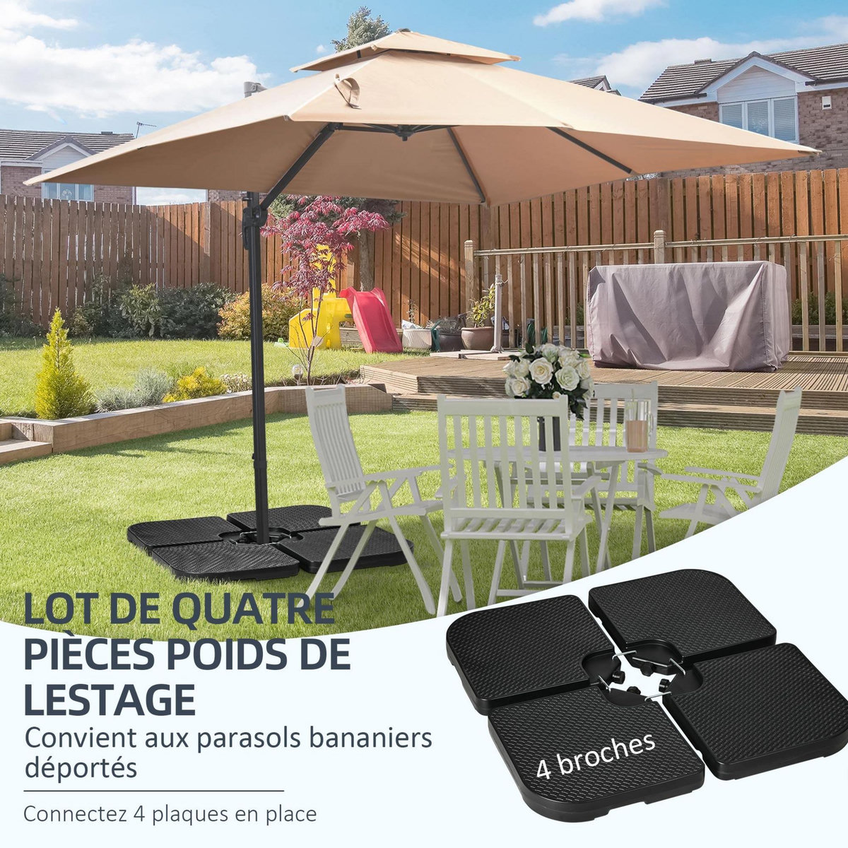 OUTSUNNY Pied de parasol lot de 4 dalles pour parasol déporté à lester dim. tot. 100L x 100l x 8H cm HDPE noir