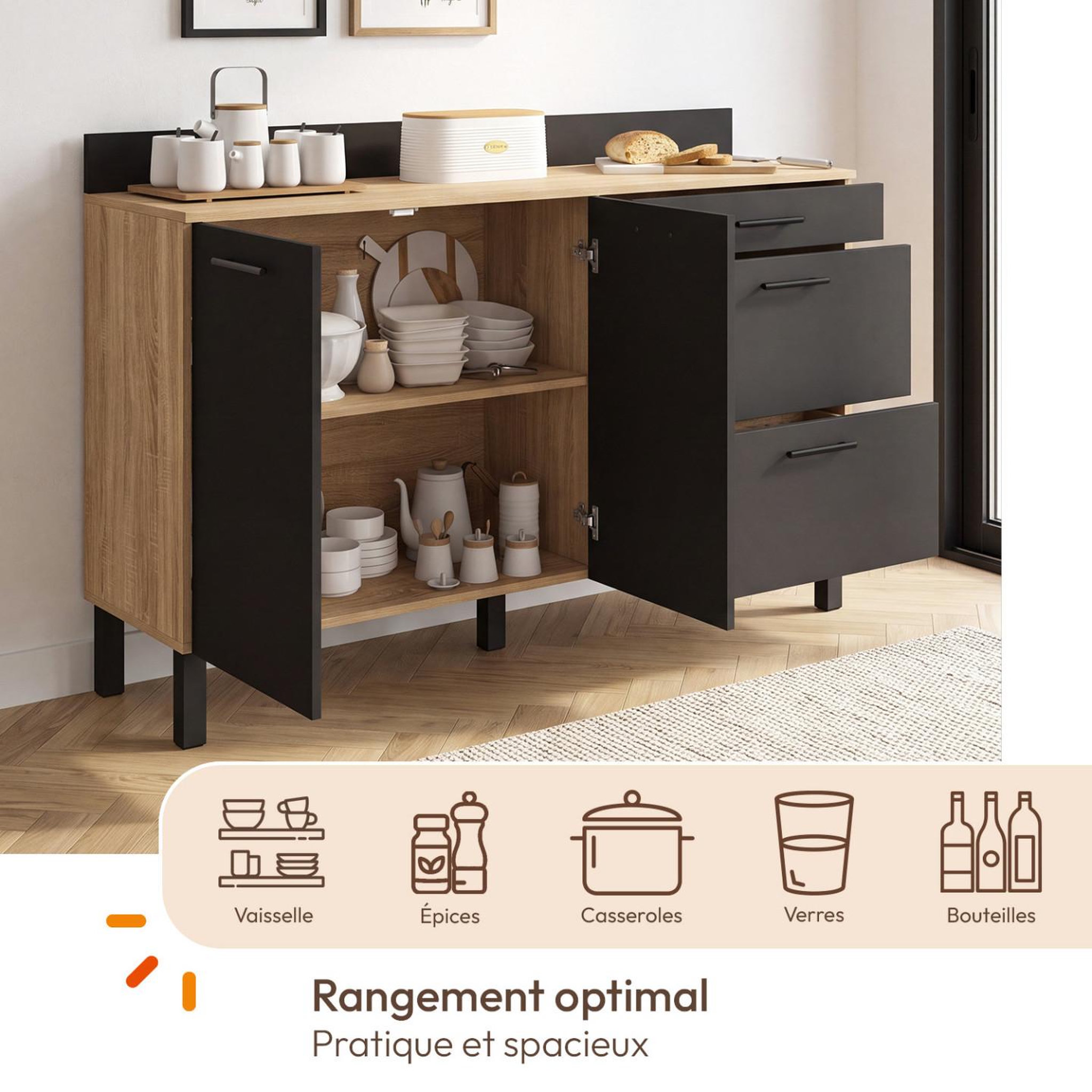 Voir la diapositive 4 : ID MARKET Buffet bas casserolier de cuisine 140 cm CINA plan de travail H.83 cm 2 portes + 3 tiroirs hêtre et noir