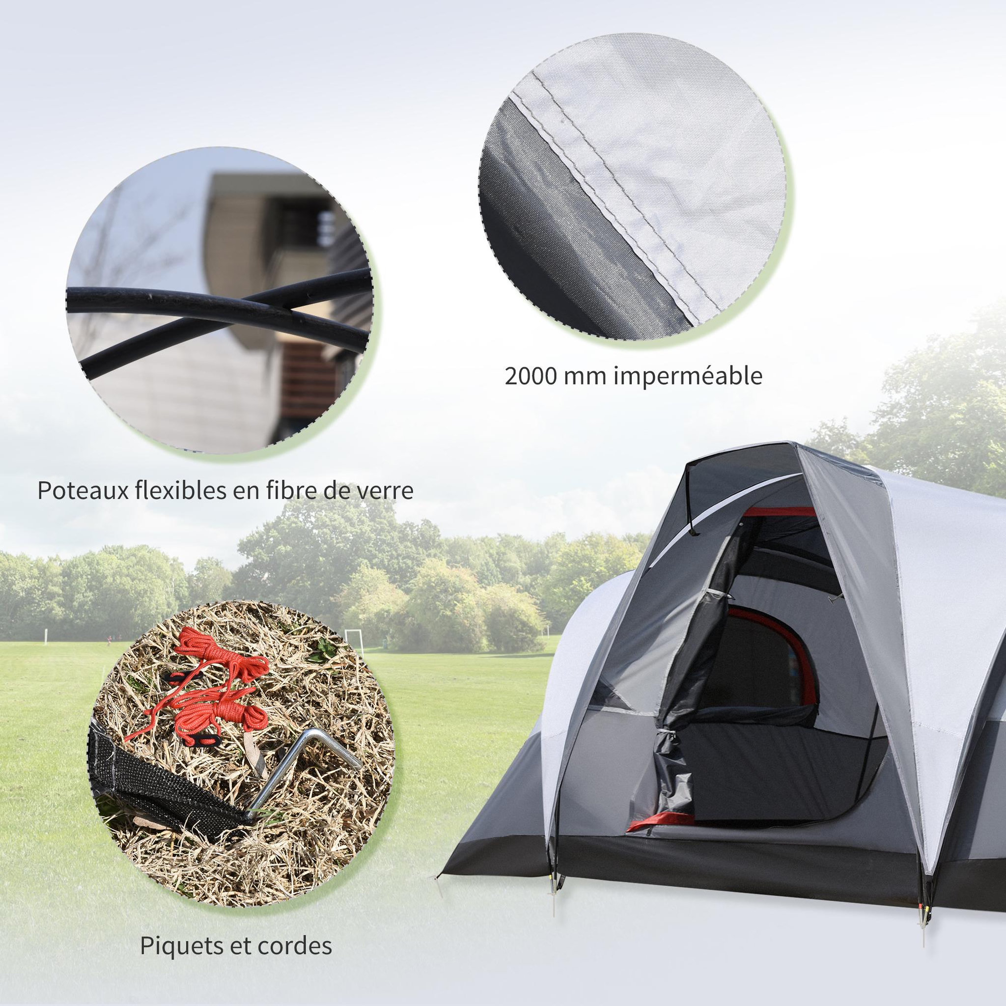 Voir la diapositive 6 : OUTSUNNY Tente de camping 2-3 personnes - fenêtres à mailles double couche - sac de transport - dim. 355L x 190l x 170H cm - polyester gris
