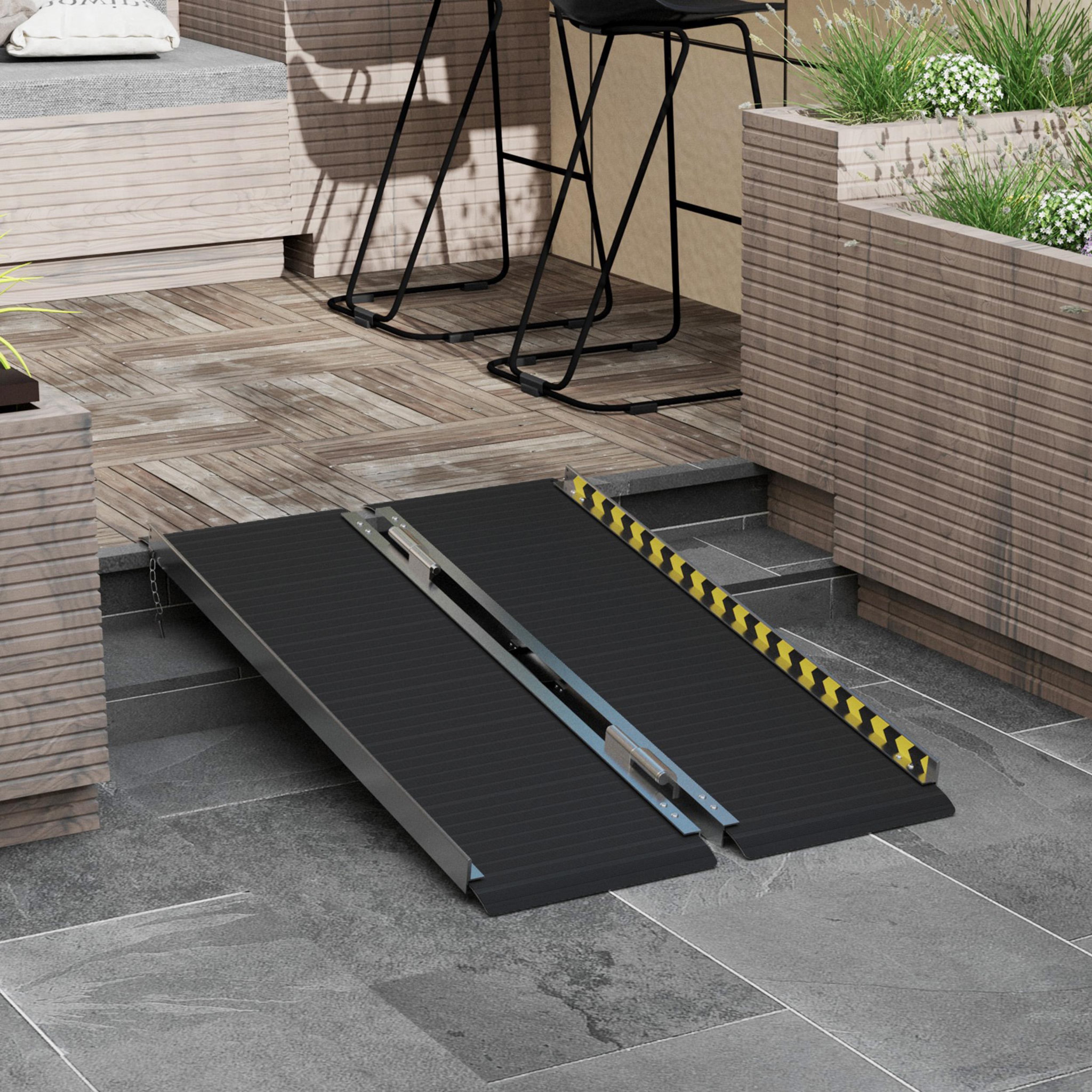 Voir la diapositive 2 : HOMCOM Rampe de fauteuil roulant rampe de chargement rampe d'accès antidérapante pliable avec bordures de sécurité max. 272 kg dim. 122l x 73l cm alu. Noir