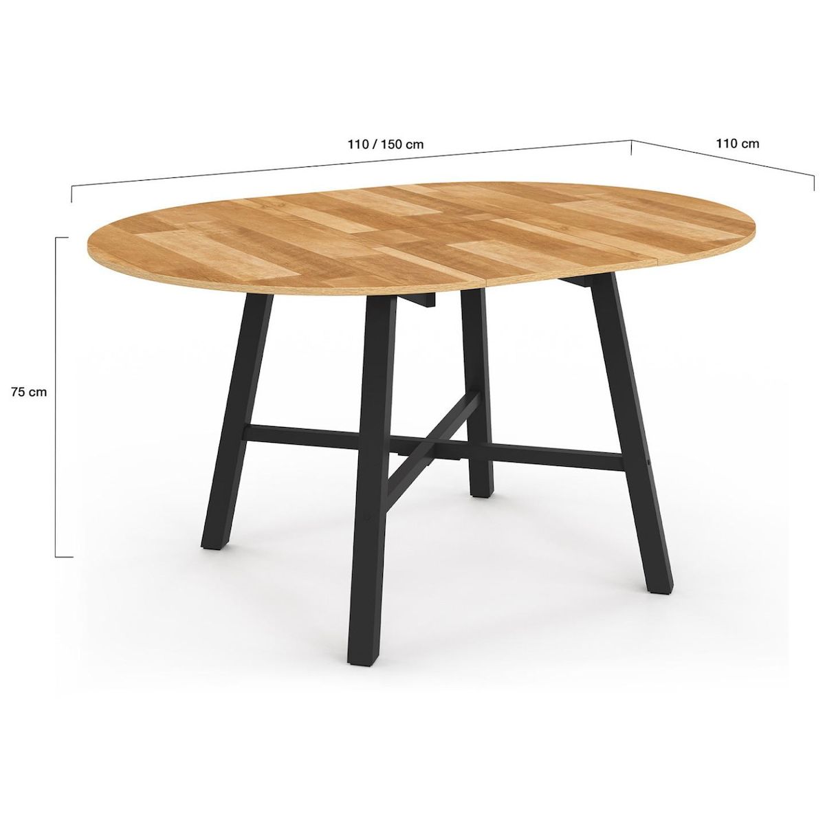 ID MARKET Table à manger extensible ronde MADELEINE 4-6 personnes bois et métal noir 110 - 150 cm