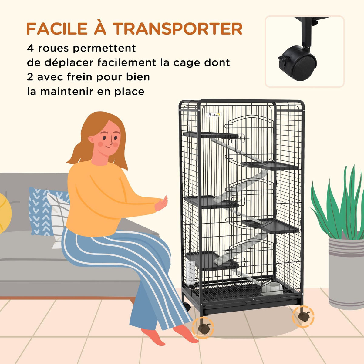 PAWHUT Cage pour petits animaux roulante 5 rampes 5 plateformes gamelle distributeur eau plateau amovible métal PP noir