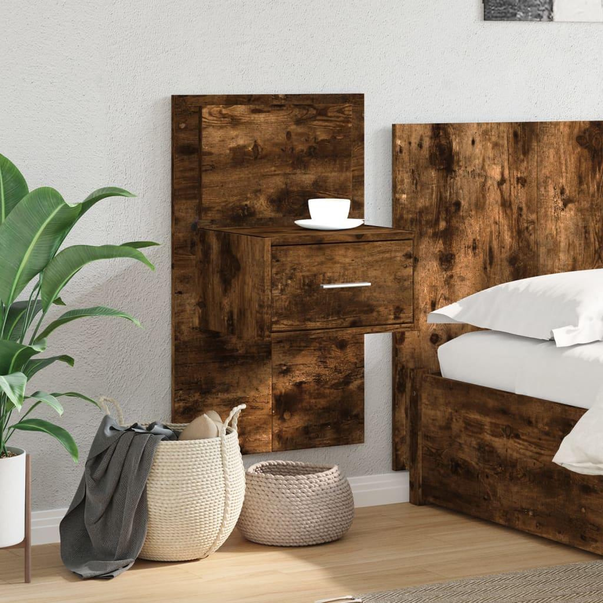 Voir la diapositive 4 : VIDAXL Table de chevet murale avec lumieres LED chene fume