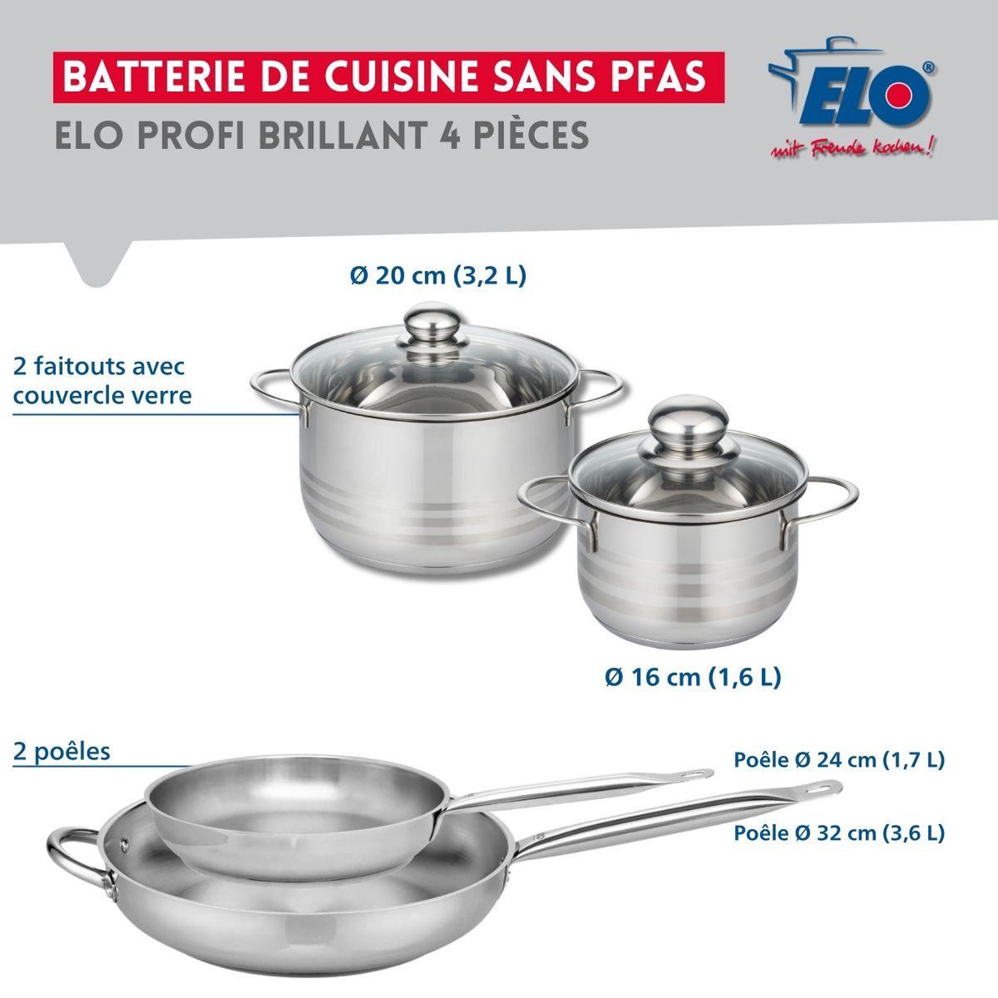 Voir la diapositive 2 : ELO Ensemble de 2 poêles de cuisson 24 et 32 cm et 2 faitouts 16 et 20 cm elo profi brillant