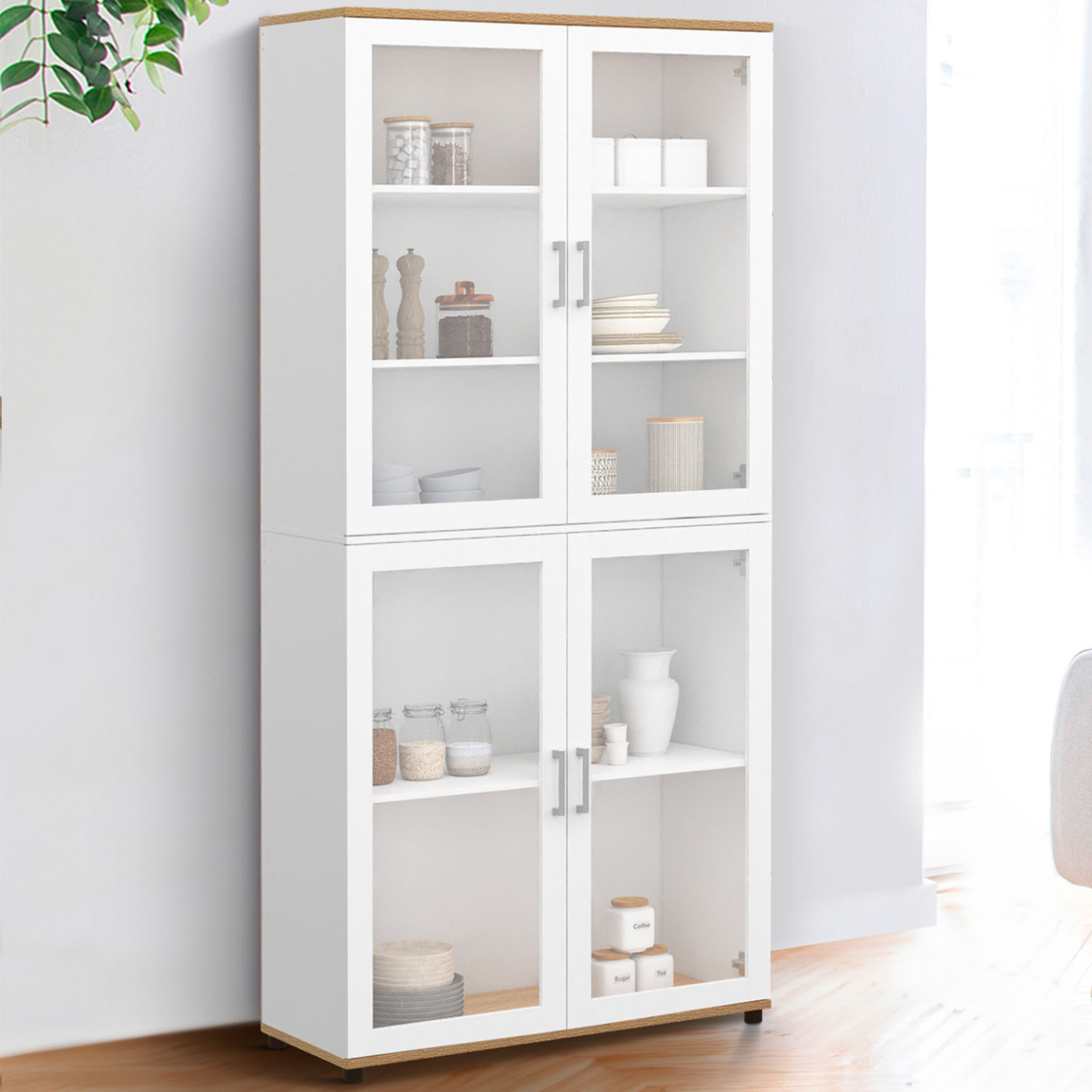 Voir la diapositive 2 : ID MARKET Vitrine buffet haut h. 176 cm vaisselier vito 4 portes vitrées blanc et bois