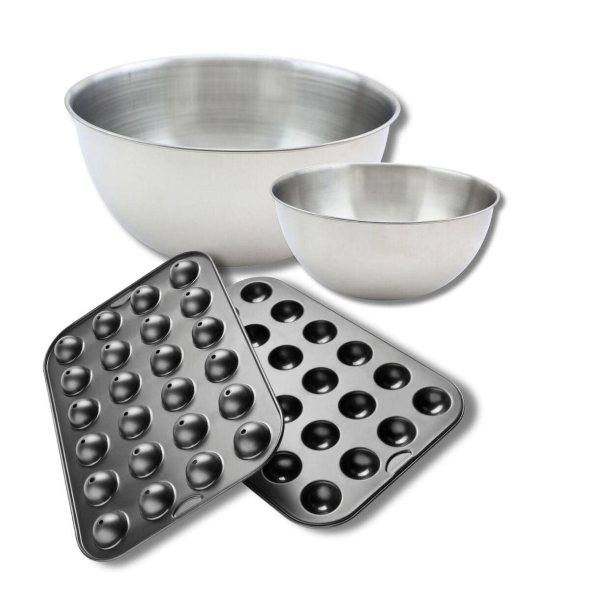 ZENKER Ensemble avec 1 Moule pop cake 24 empreintes et 48 bâtonnets, 1 spatule Zenker et 2 bols à mixer en inox Fackelmann