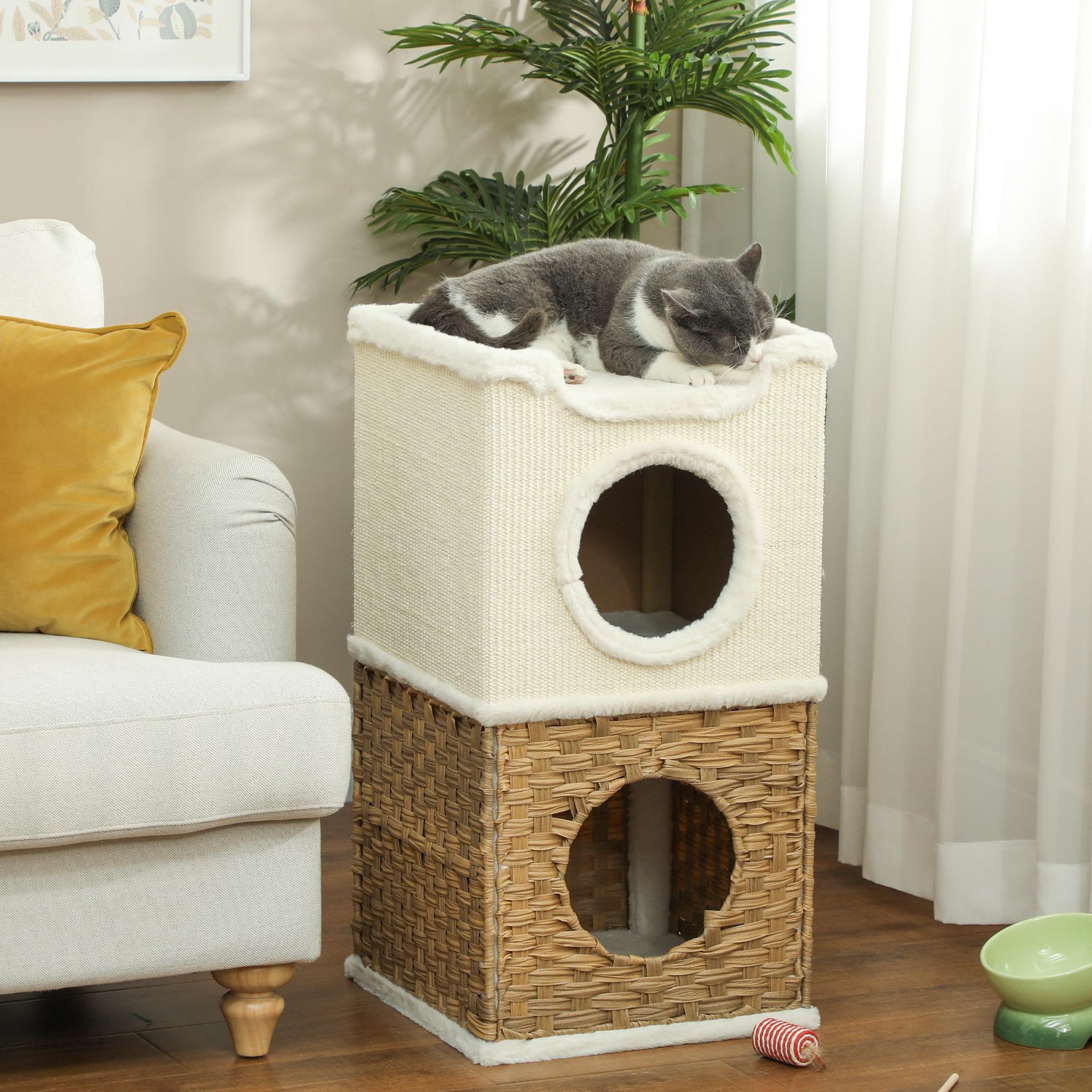 Voir la diapositive 2 : PAWHUT Tour à griffer pour chat 3 niveaux - 2 niches, panier observation- h.75,5 cm - résine tressée sisal