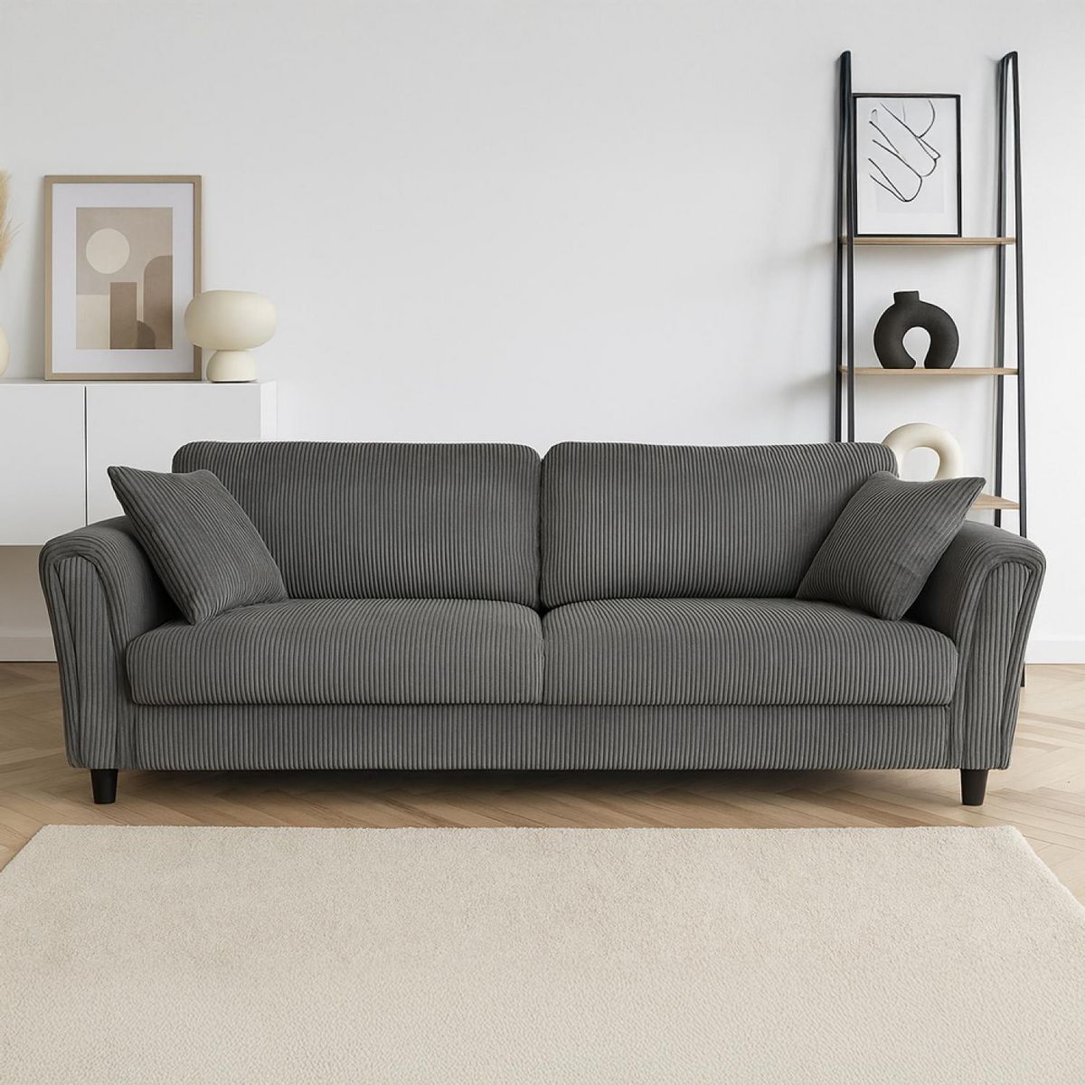 CONCEPT USINE Canapé droit 4 places en velours côtelé gris foncé LUCERNE
