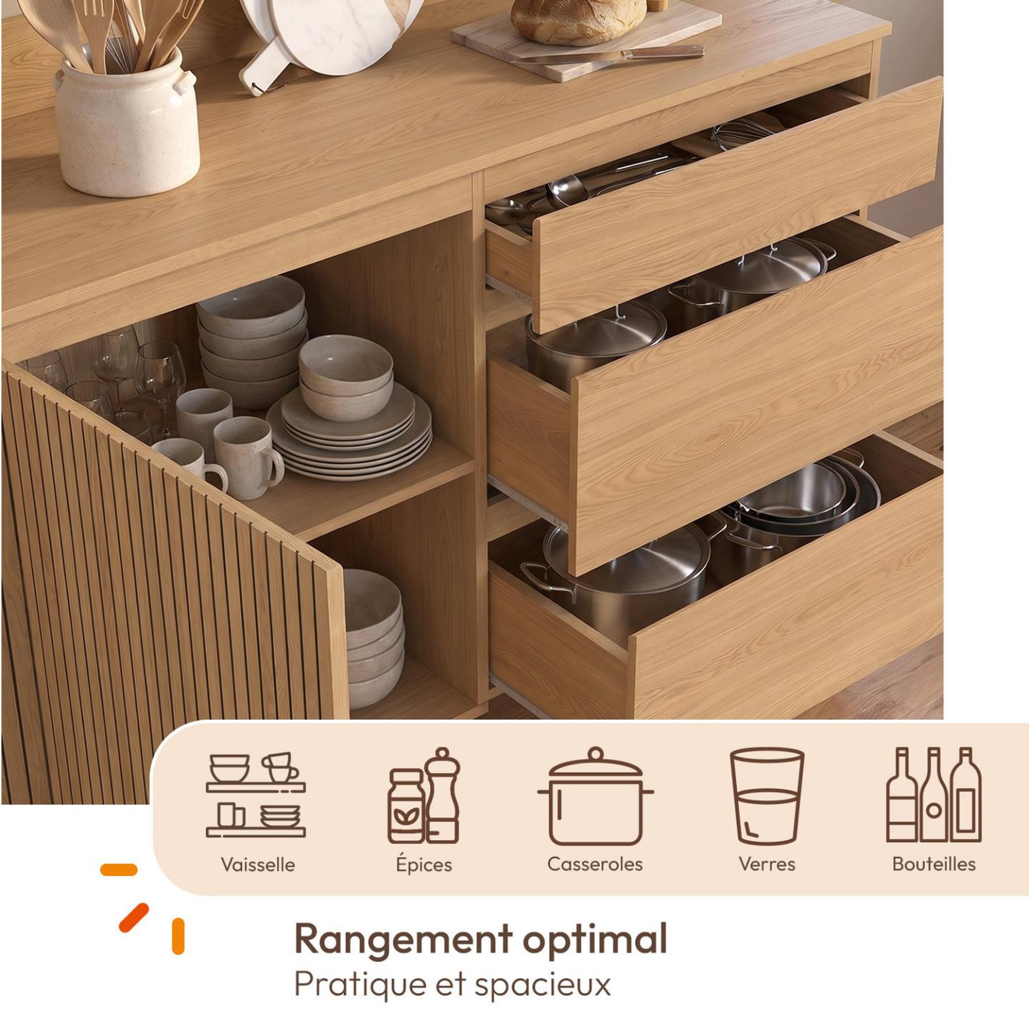Voir la diapositive 4 : ID MARKET Buffet bas casserolier de cuisine 120 cm JULIETTE plan de travail H.83 cm 1 porte + 3 tiroirs effet lattes tasseau bois