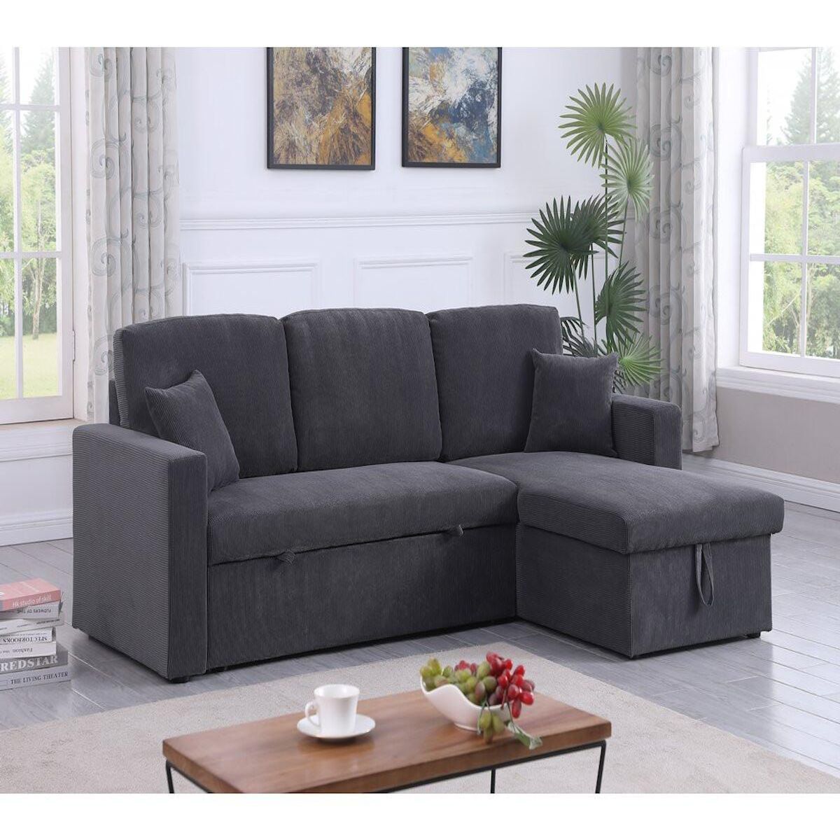 Habitat et Jardin Canapé d'angle convertible en velours côtelé  Alain  - 3 places - Gris