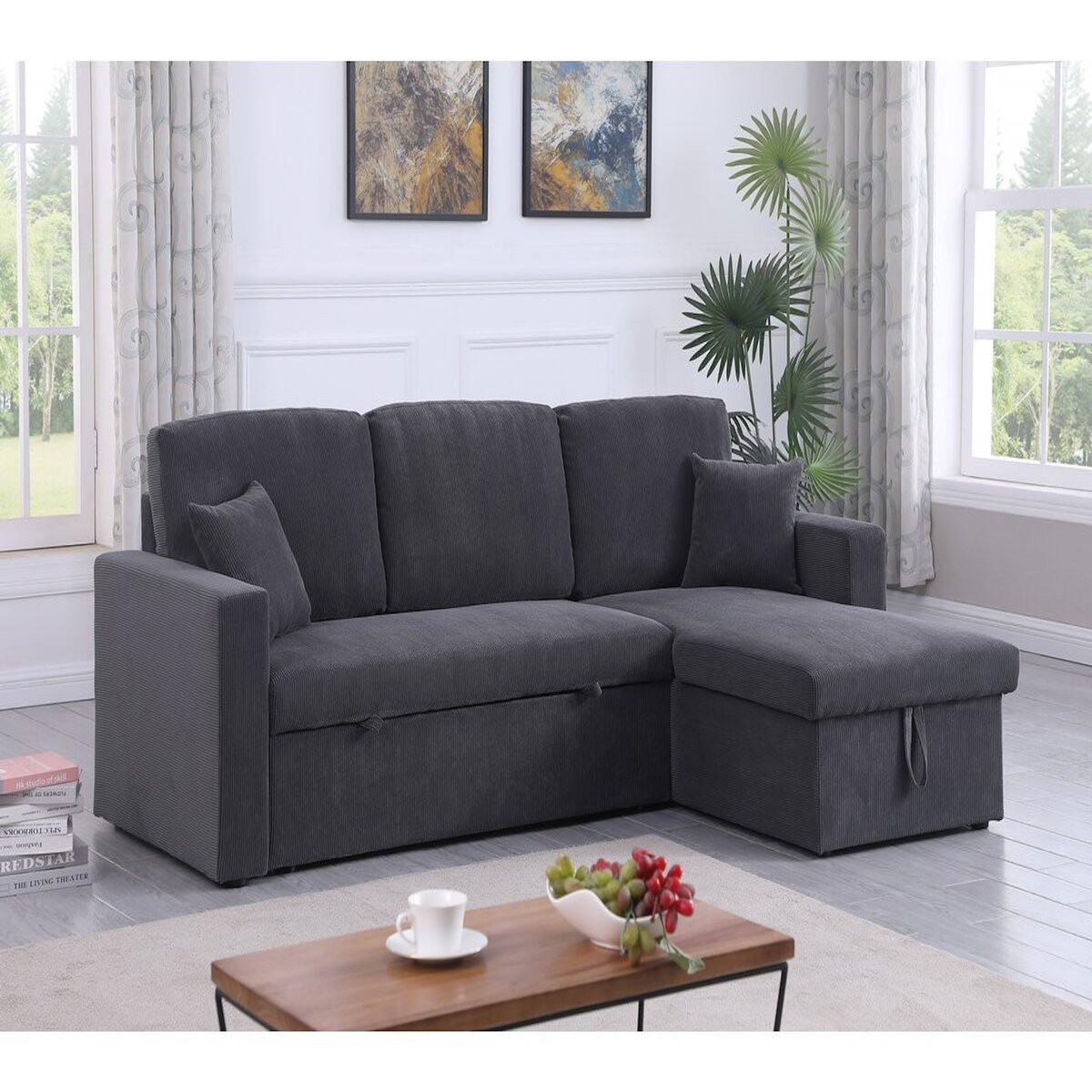 Habitat et Jardin Canapé d'angle convertible en velours côtelé  Alain  - 3 places - Gris