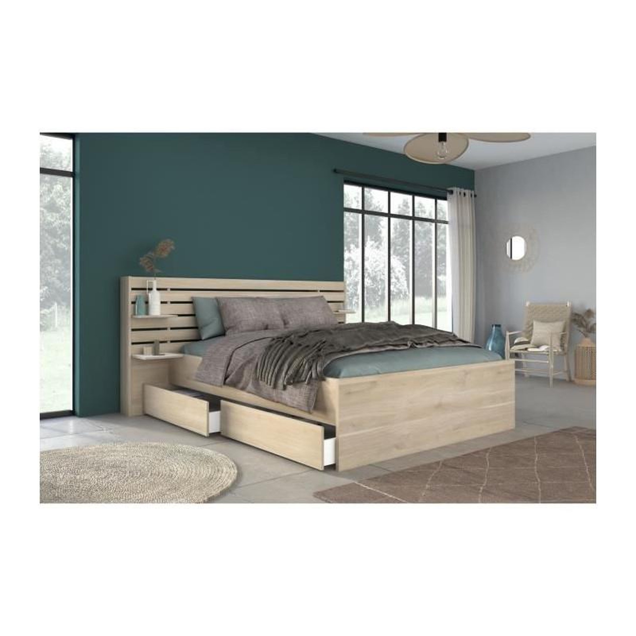 Voir la diapositive 2 : PARISOT Lit adulte ESCALE 140x190/200 cm - Tete de lit + 2 tiroirs - Décor chene du Japon - PARISOT