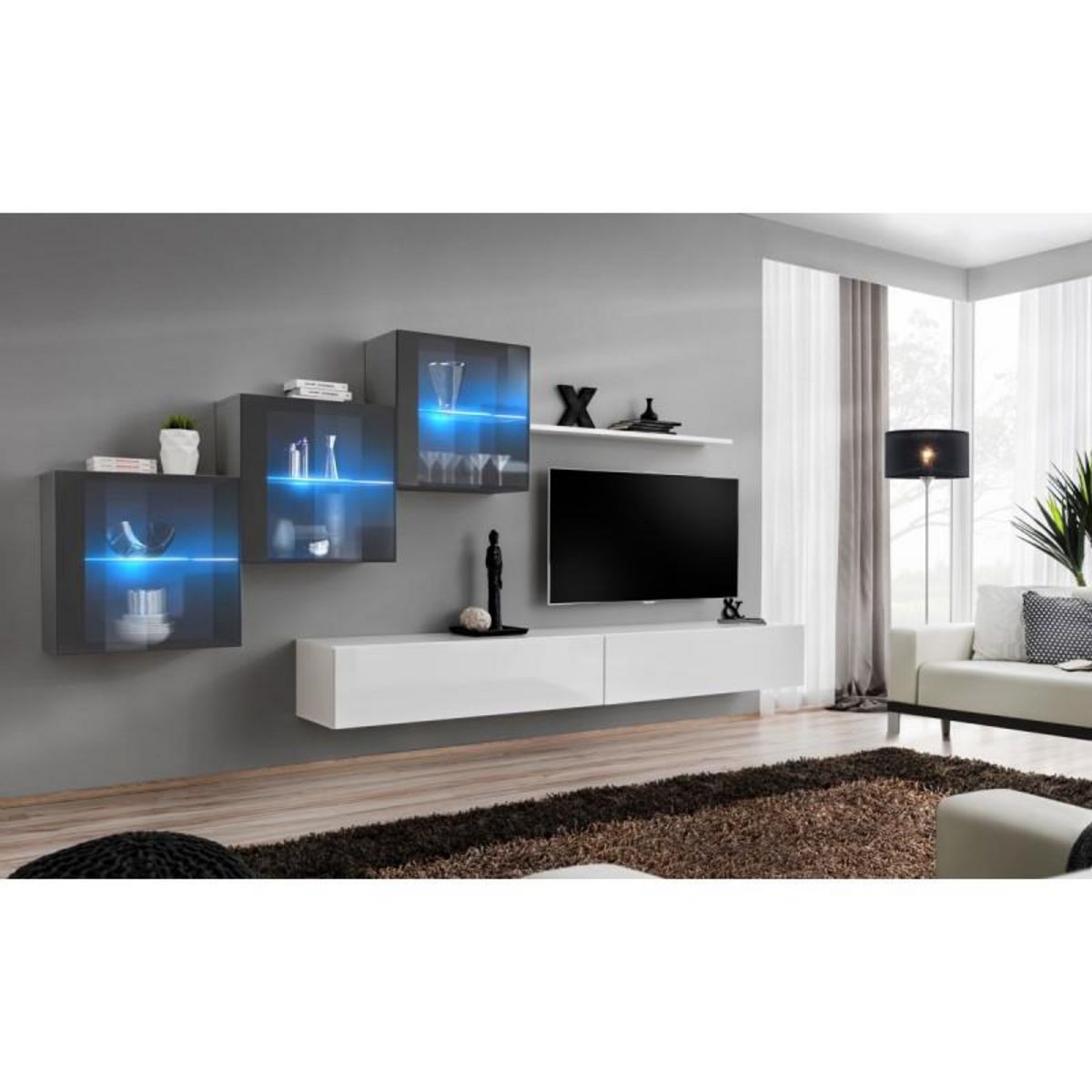 Paris Prix Meuble TV Mural Design  Switch XX  330cm Blanc & Gris