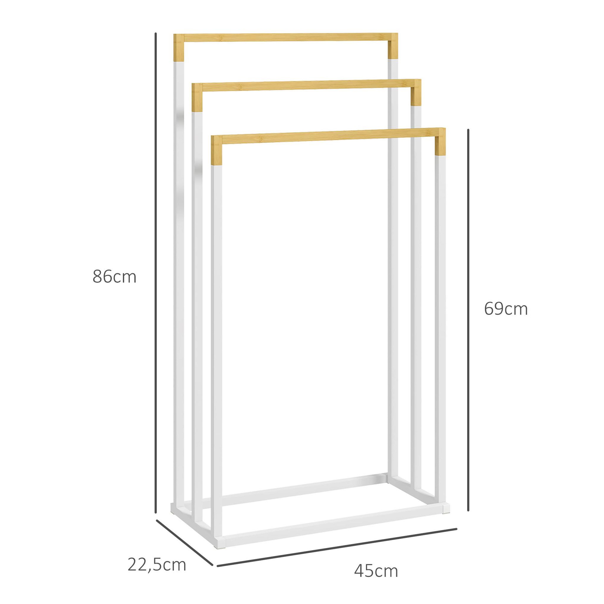 Voir la diapositive 3 : KLEANKIN Porte-serviette autoportant 3 barres - dim. 45l x 22l x 86h cm - bois bambou acier blanc
