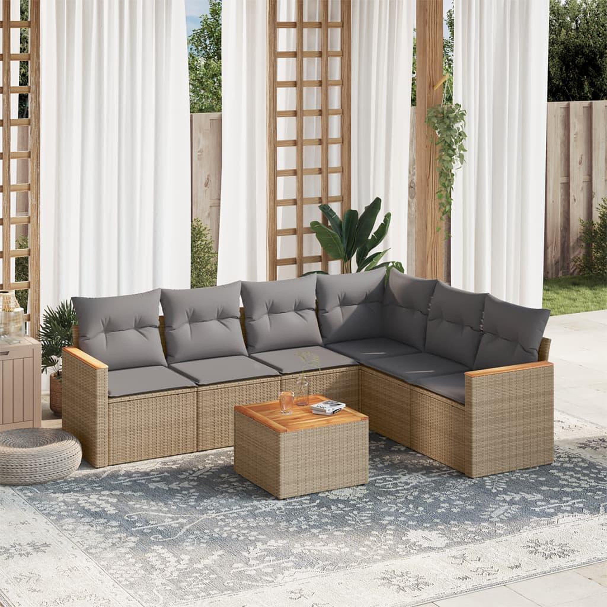 VIDAXL Salon de jardin avec coussins 7pcs melange beige resine tressee