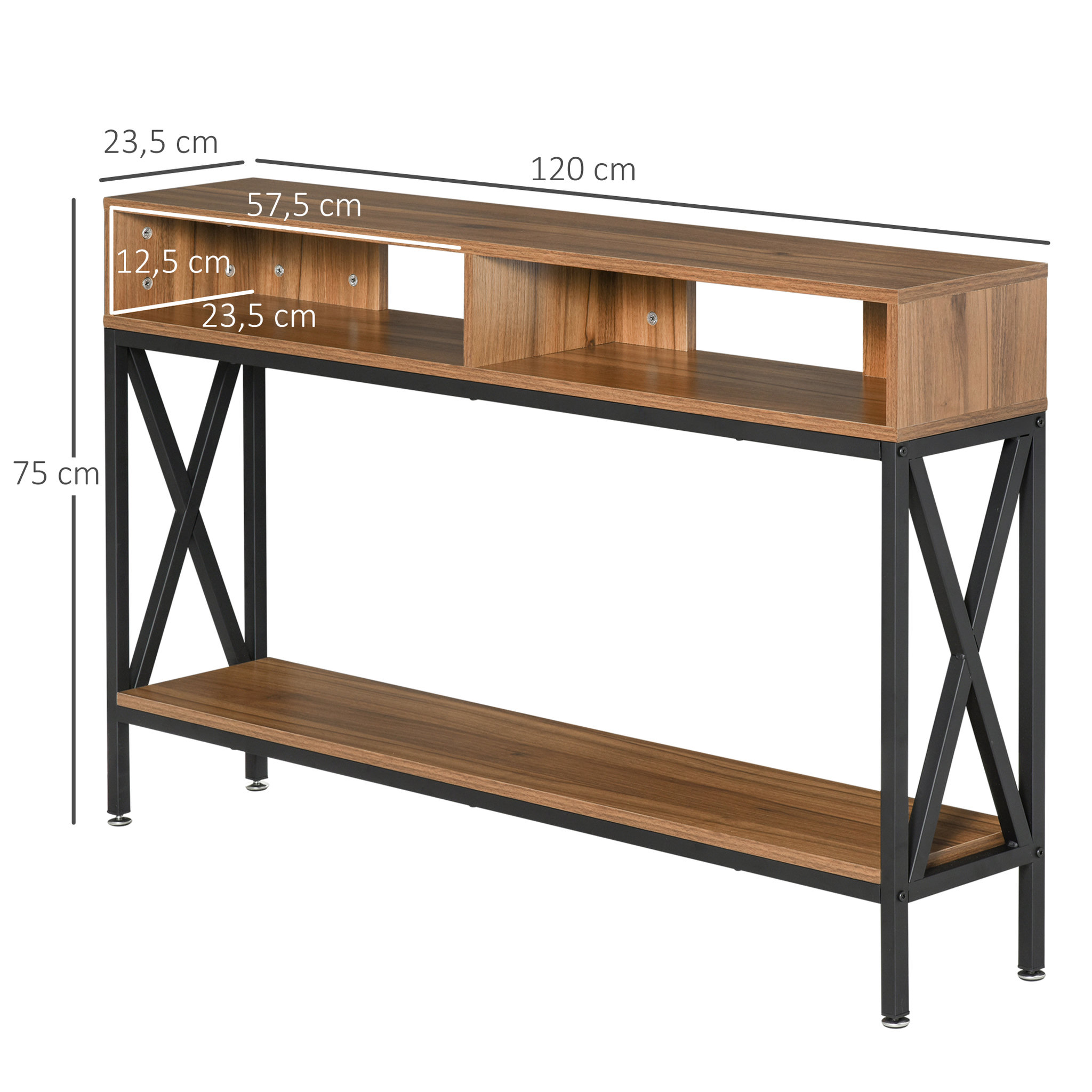 Voir la diapositive 3 : HOMCOM Table Console Table d'Entrée Industriel Multi-rangements 120 x 23,5 x 75 cm Bois Noyer