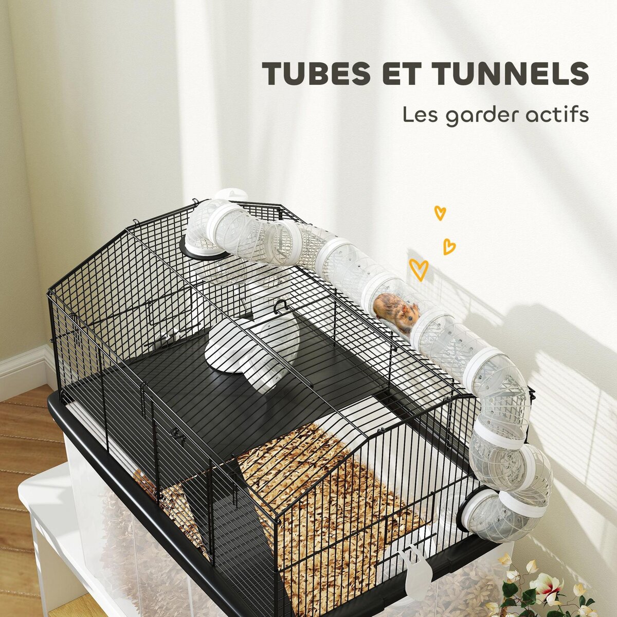 PAWHUT Cage pour hamster sur roulettes - cage à rongeur 2 portes - accessoires multiples - acier noir PP transparent
