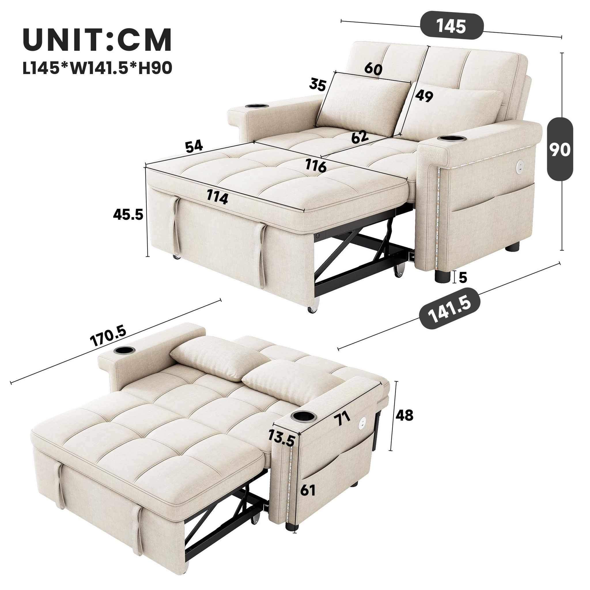 Voir la diapositive 3 : MERAX Canapé convertible 2 places avec dossier réglable et ports usb type-c tissu chenille