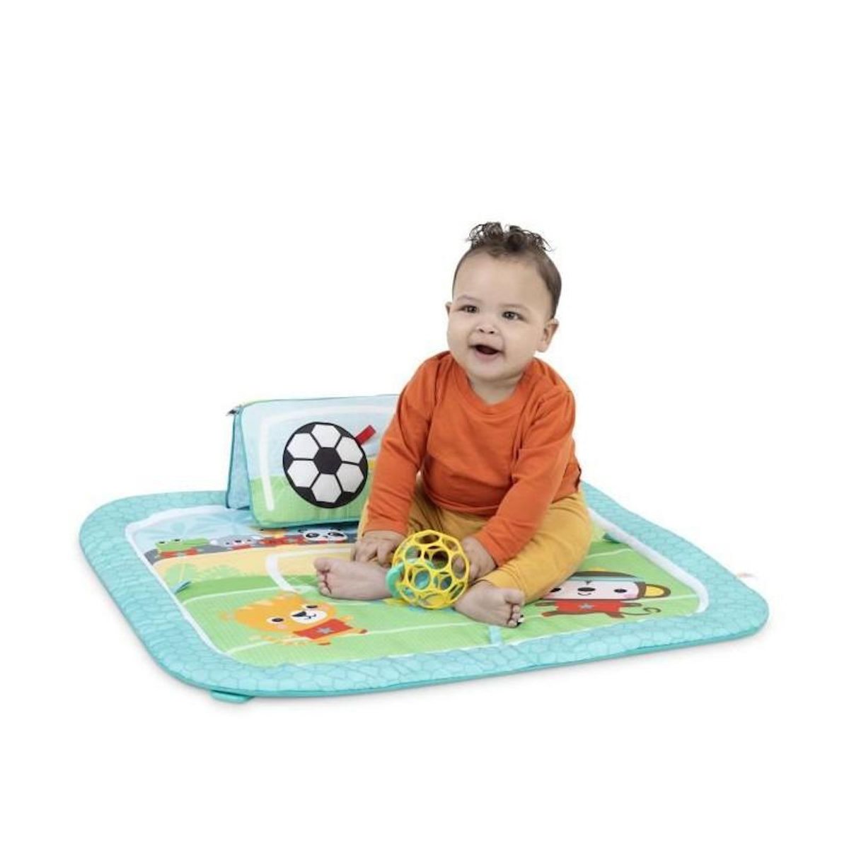 Bright Starts BRIGHT STARTS Tapis d'Eveil Football, Arche de jeu avec jouets Oball détachables, Musique et Lumieres, Dimensions : 47 x 74 x 7
