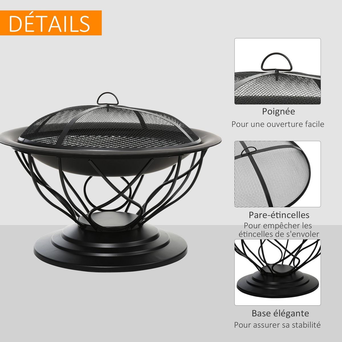OUTSUNNY Brasero boule de feu cheminée foyer extérieur Ø 75 x 55H cm grille à charbon + cuisson couvercle tisonnier métal noir