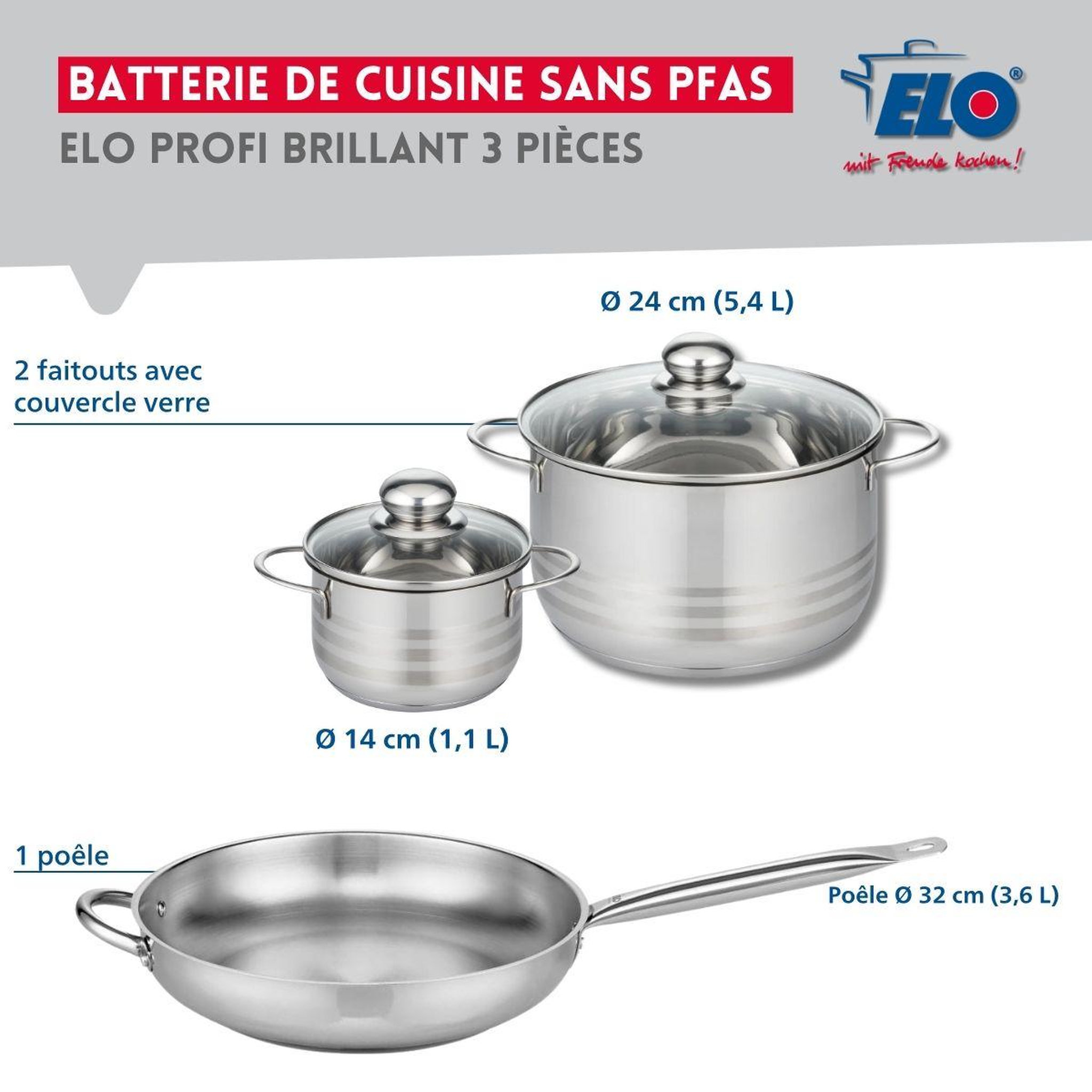 Voir la diapositive 2 : ELO Ensemble de 1 poêle de cuisson 32 cm et 2 faitouts 14 et 24 cm elo profi brillant