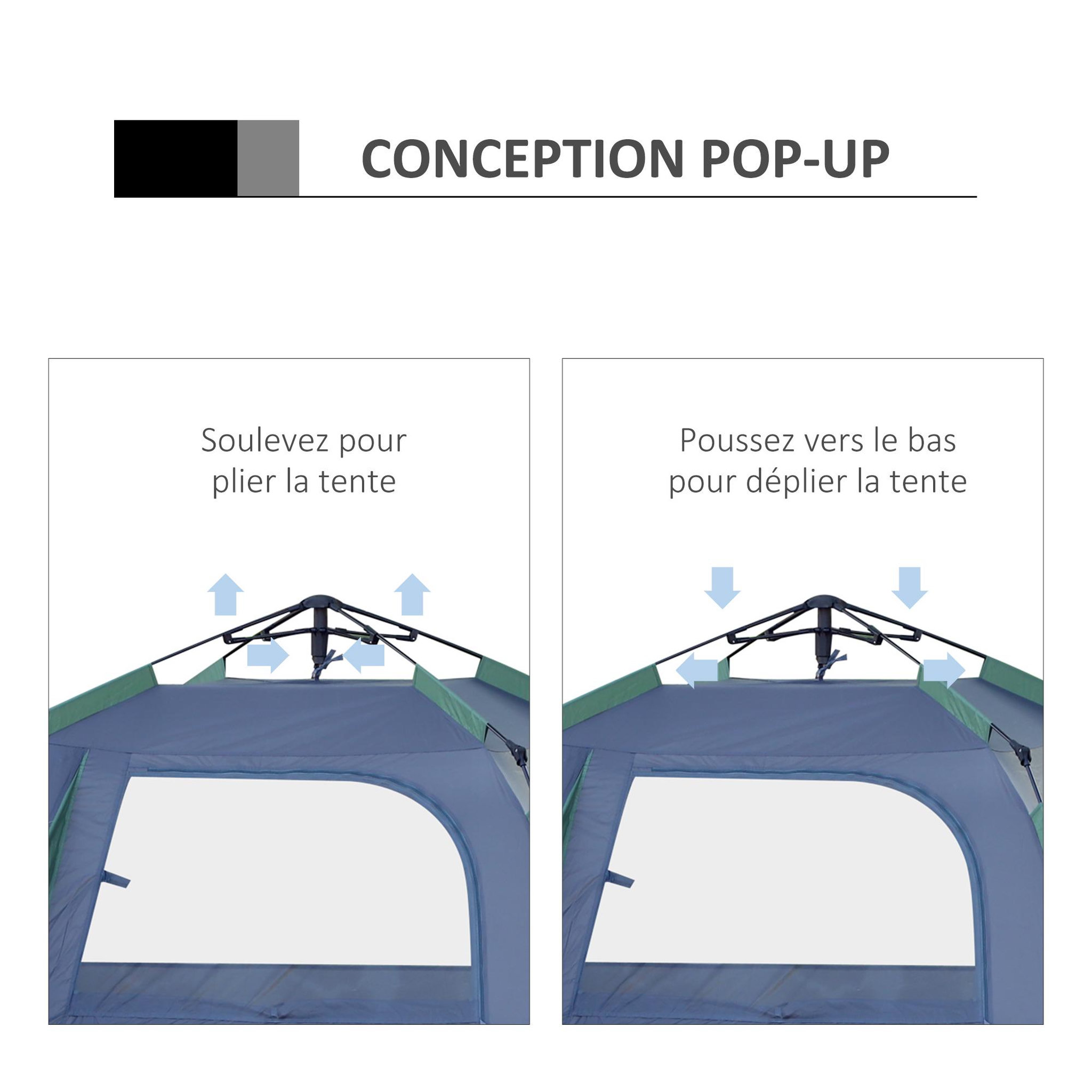 Voir la diapositive 5 : OUTSUNNY Tente pop up montage instantané - tente de camping familiale 3 pers.  - grande porte + 3 fenêtres - dim. 2,5L x 1,94l x 1,6H m fibre verre polyester oxford bleu vert