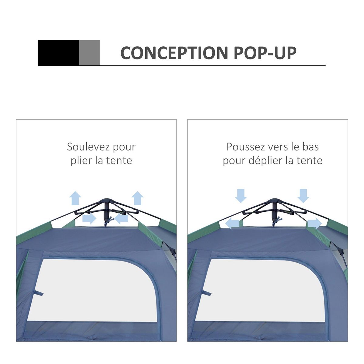 OUTSUNNY Tente pop up montage instantané - tente de camping familiale 3 pers.  - grande porte + 3 fenêtres - dim. 2,5L x 1,94l x 1,6H m fibre verre polyester oxford bleu vert