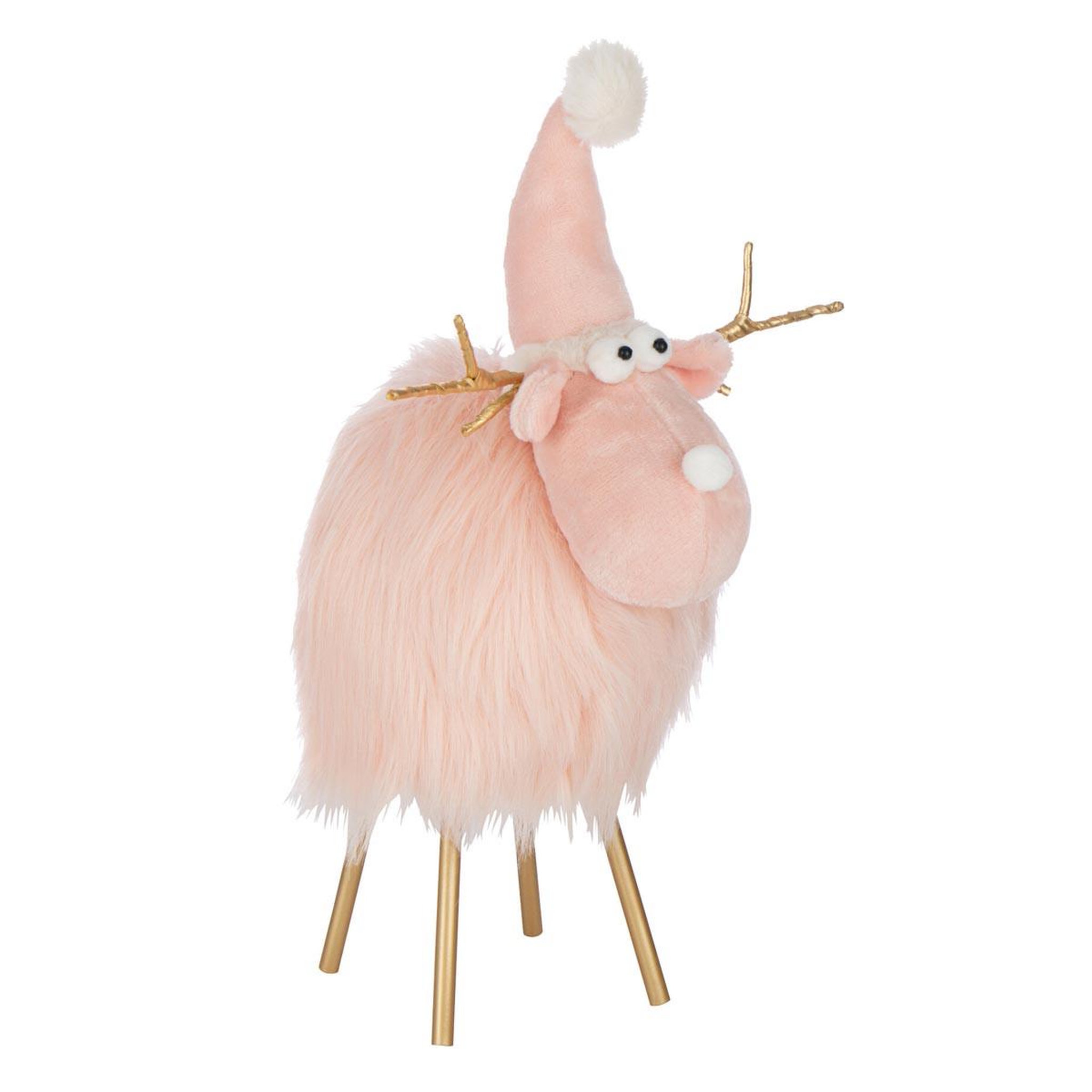 J-LINE Statuette renne déco  bonnet & foulard  46cm rose clair