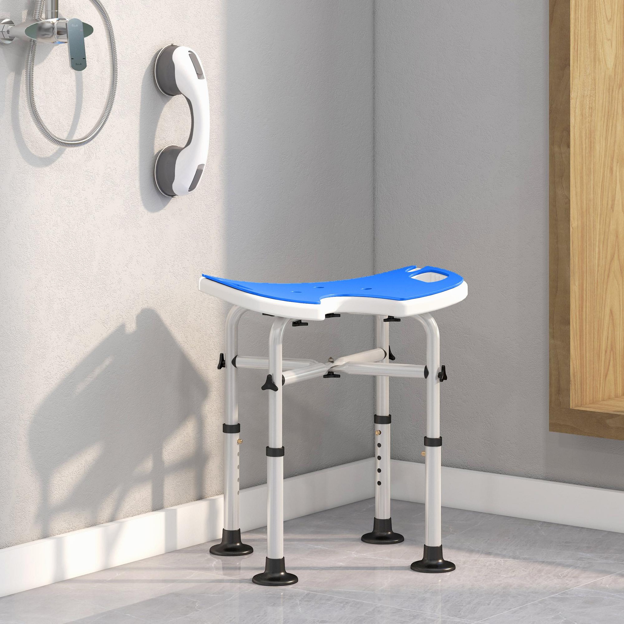 Voir la diapositive 2 : HOMCOM Tabouret de douche - siège de douche avec barre d'appui ventouse - hauteur réglable - alu hdpe bleu blanc