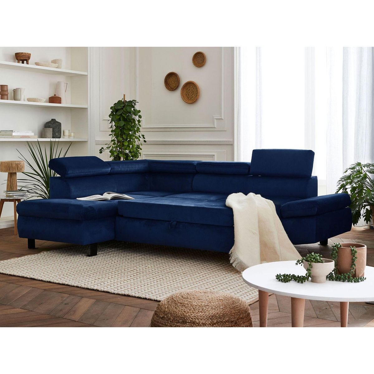 LISA DESIGN Nairobi - canapé d'angle convertible - en velours - 5 places - avec têtières - gauche