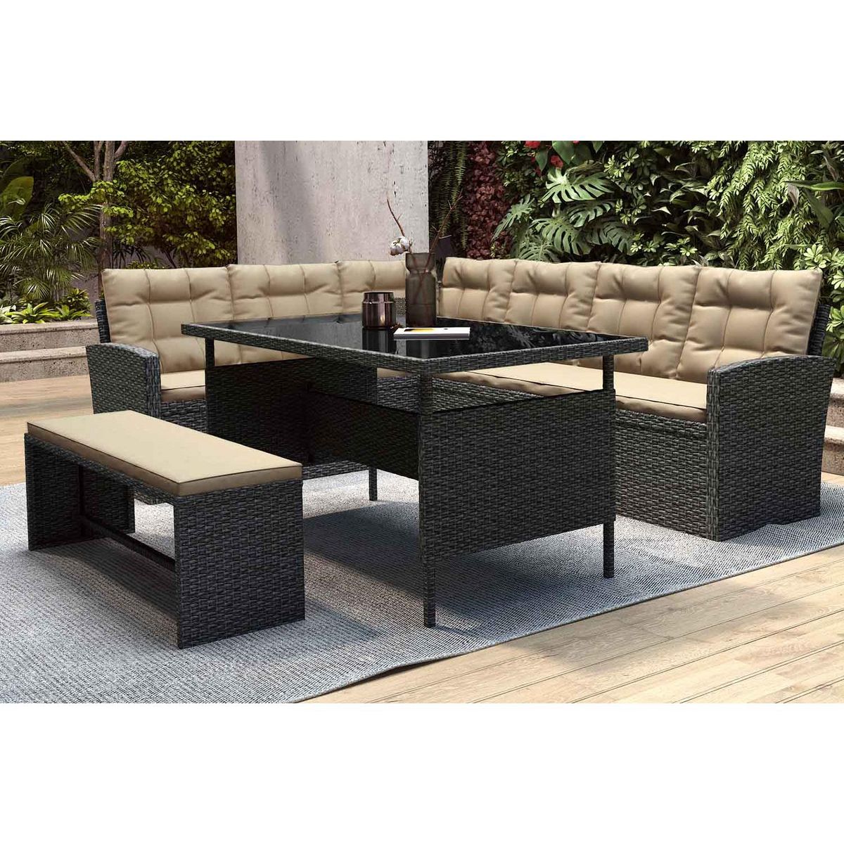 CONCEPT USINE Salon de jardin 8 places résine gris foncé et beige MOOREA