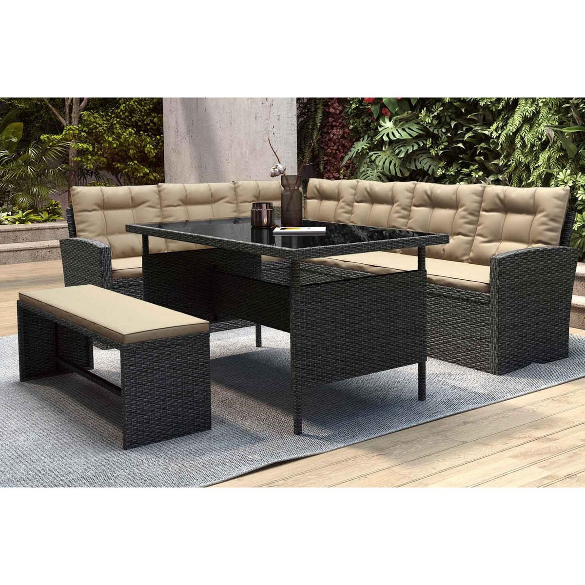 CONCEPT USINE Salon de jardin 8 places résine gris foncé et beige MOOREA