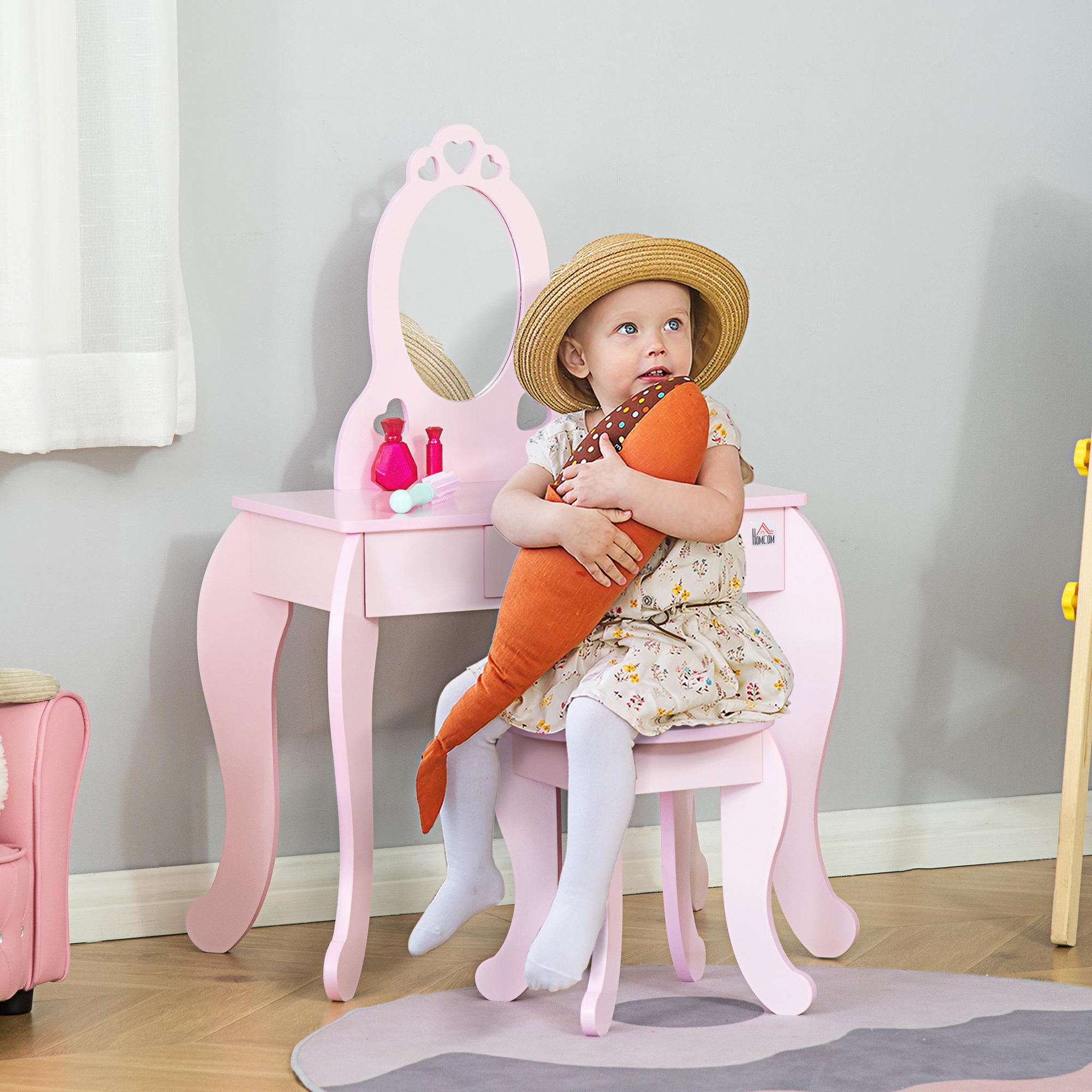 Voir la diapositive 2 : HOMCOM Coiffeuse enfant design girly avec motifs à coeur - tabouret inclus - dim. 60L x 36l x 88H cm - tiroir, miroir - MDF - rose