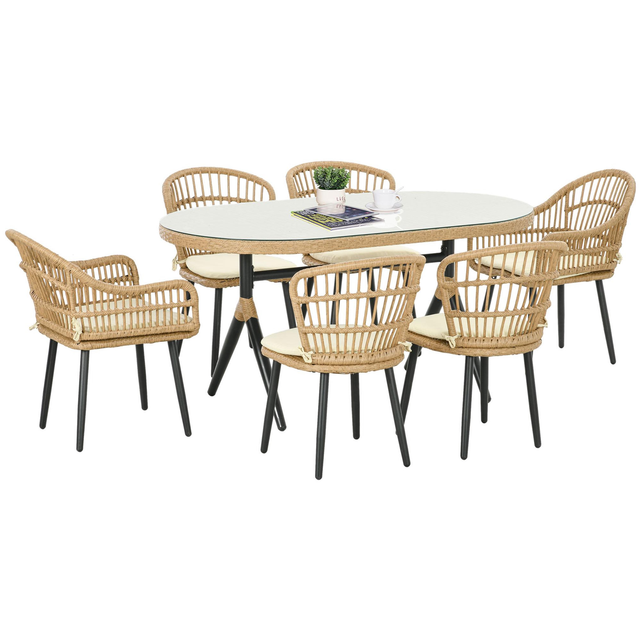 OUTSUNNY Salon de jardin 6 places 7 pièces style bohème - 6 chaises, table à manger ovale - coussins inclus