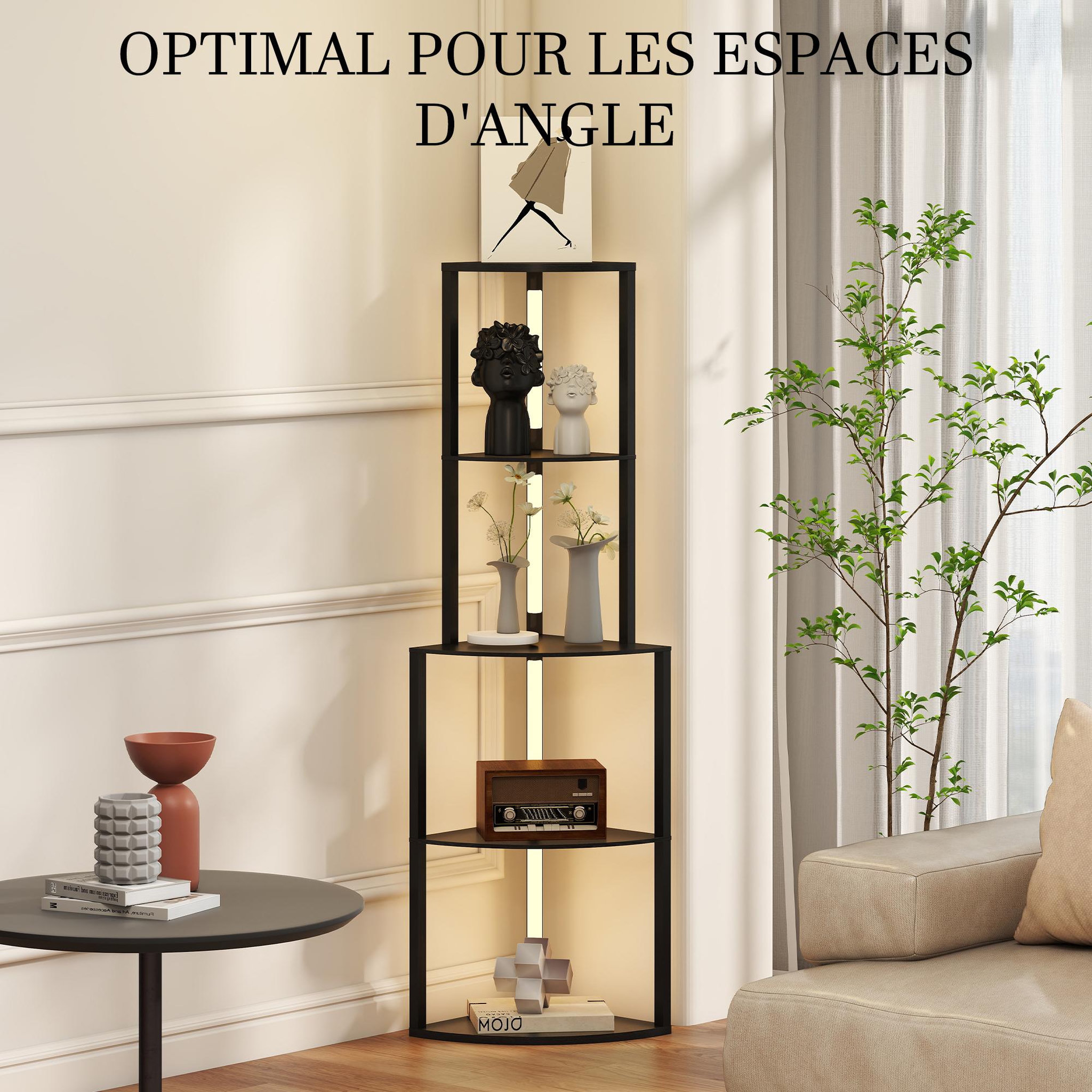 Voir la diapositive 6 : HOMCOM Lampadaire étagère led d'angle réglable - lampe étagère 4 niveaux design h.163cm - mdf noir