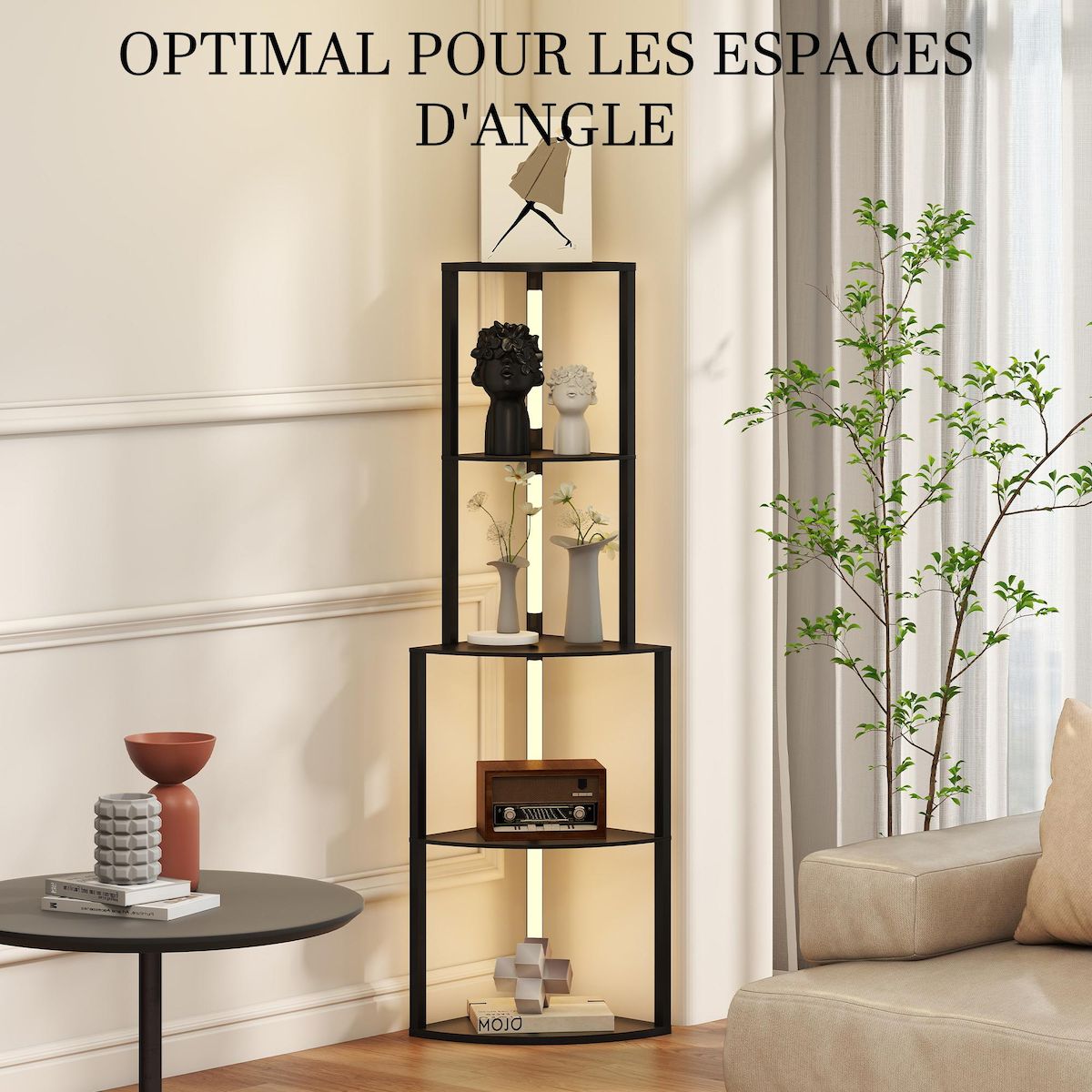 HOMCOM Lampadaire étagère LED d'angle réglable - lampe étagère 4 niveaux design H.163cm - MDF noir