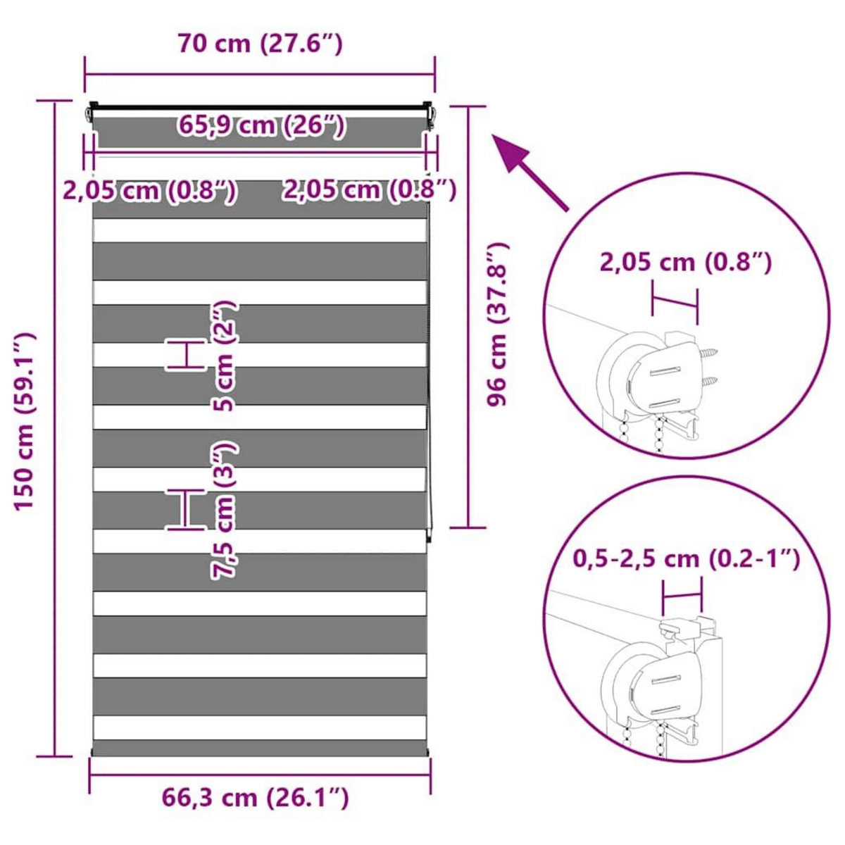 VIDAXL Store zebre gris clair largeur du tissu 65,9 cm polyester
