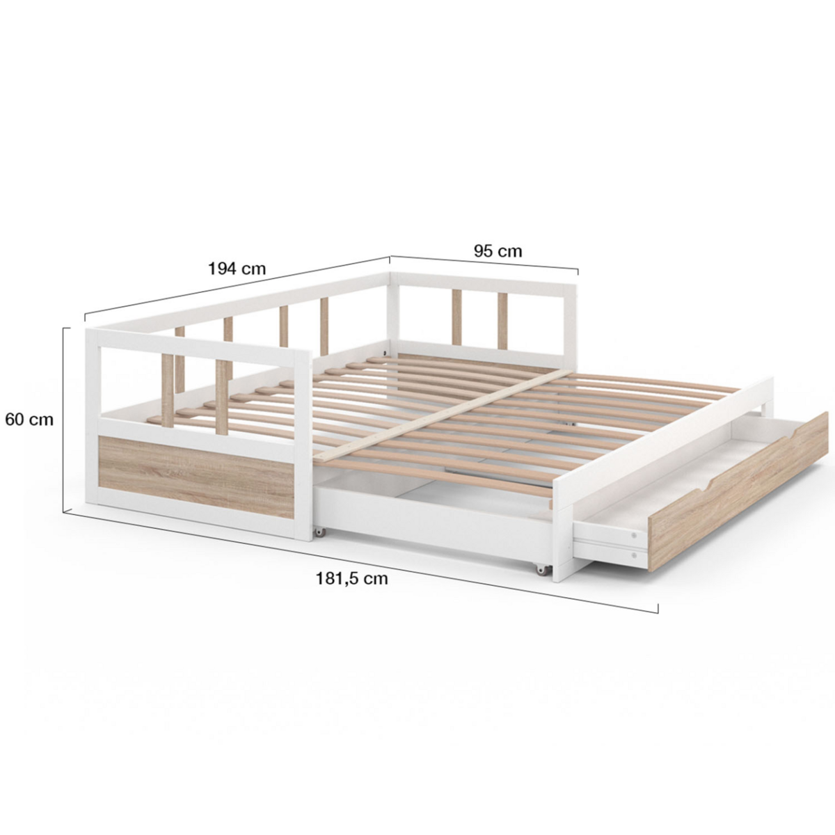 ID MARKET Lit banquette 90 x 190 cm ZOYA convertible 180 x 190 cm blanc et hêtre avec 1 tiroir de rangement