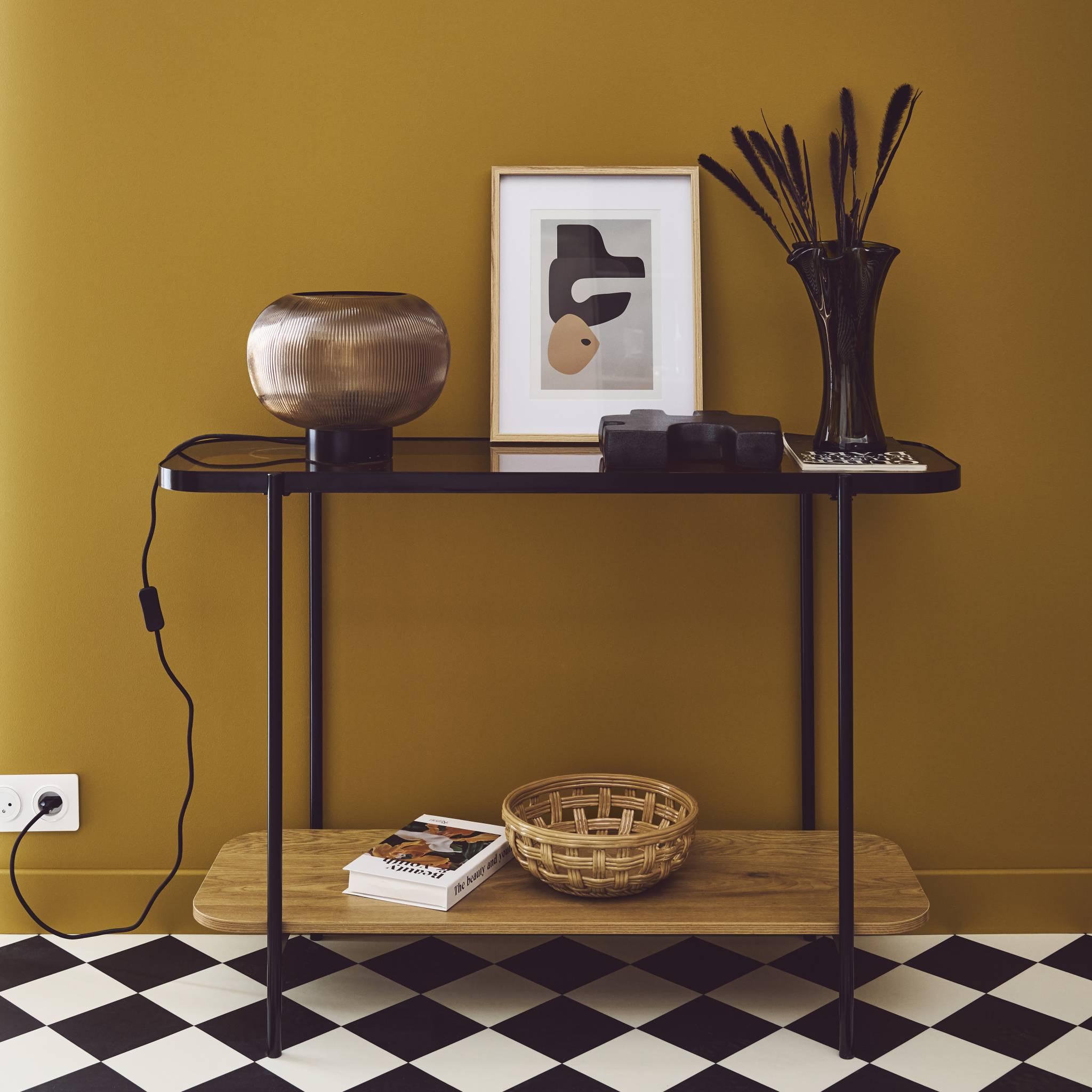 Voir la diapositive 3 : SWEEEK Console vintage en métal noir avec 2 plateaux (verre et décor bois). bords arrondis