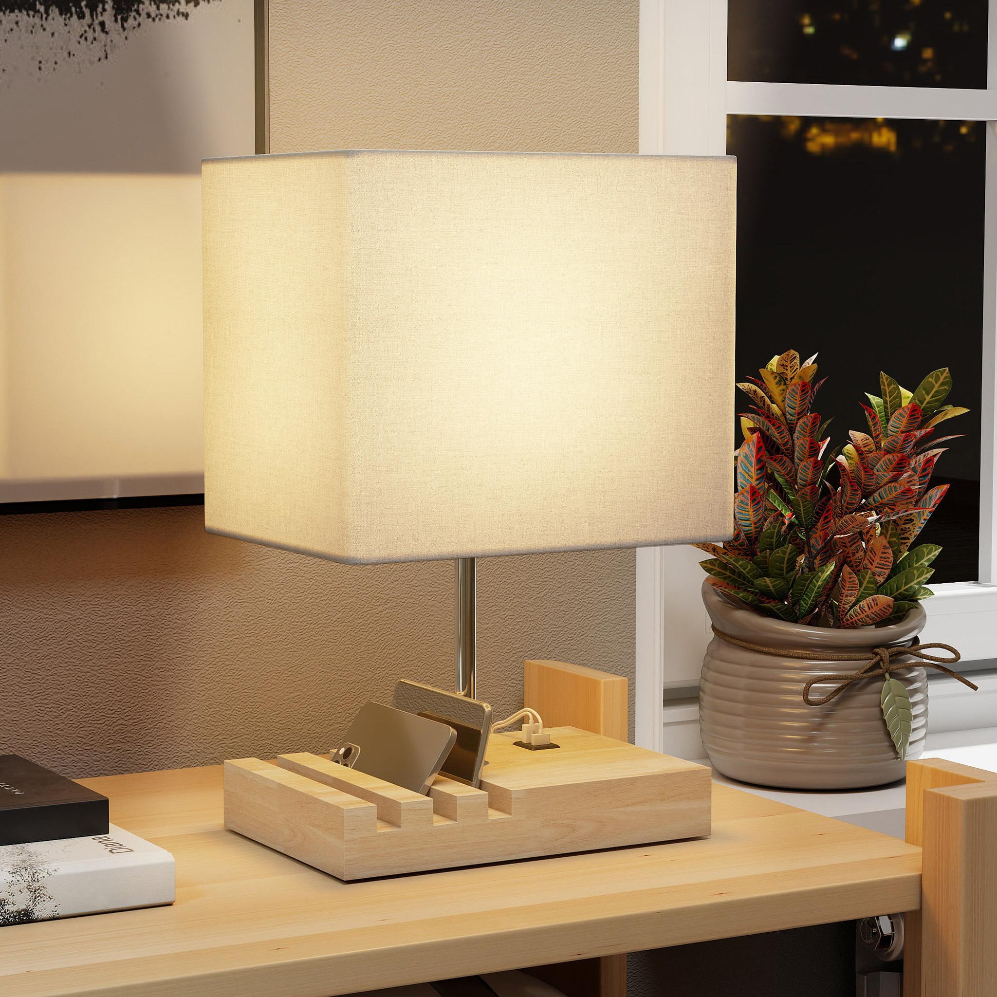 Voir la diapositive 4 : HOMCOM Lampe de chevet station de charge 2 en 1 USB A+C - 3 supports téléphone - bois clair blanc