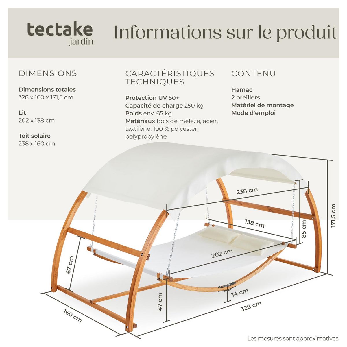 tectake Hamac avec cadre en bois pour 2 personnes marron teck