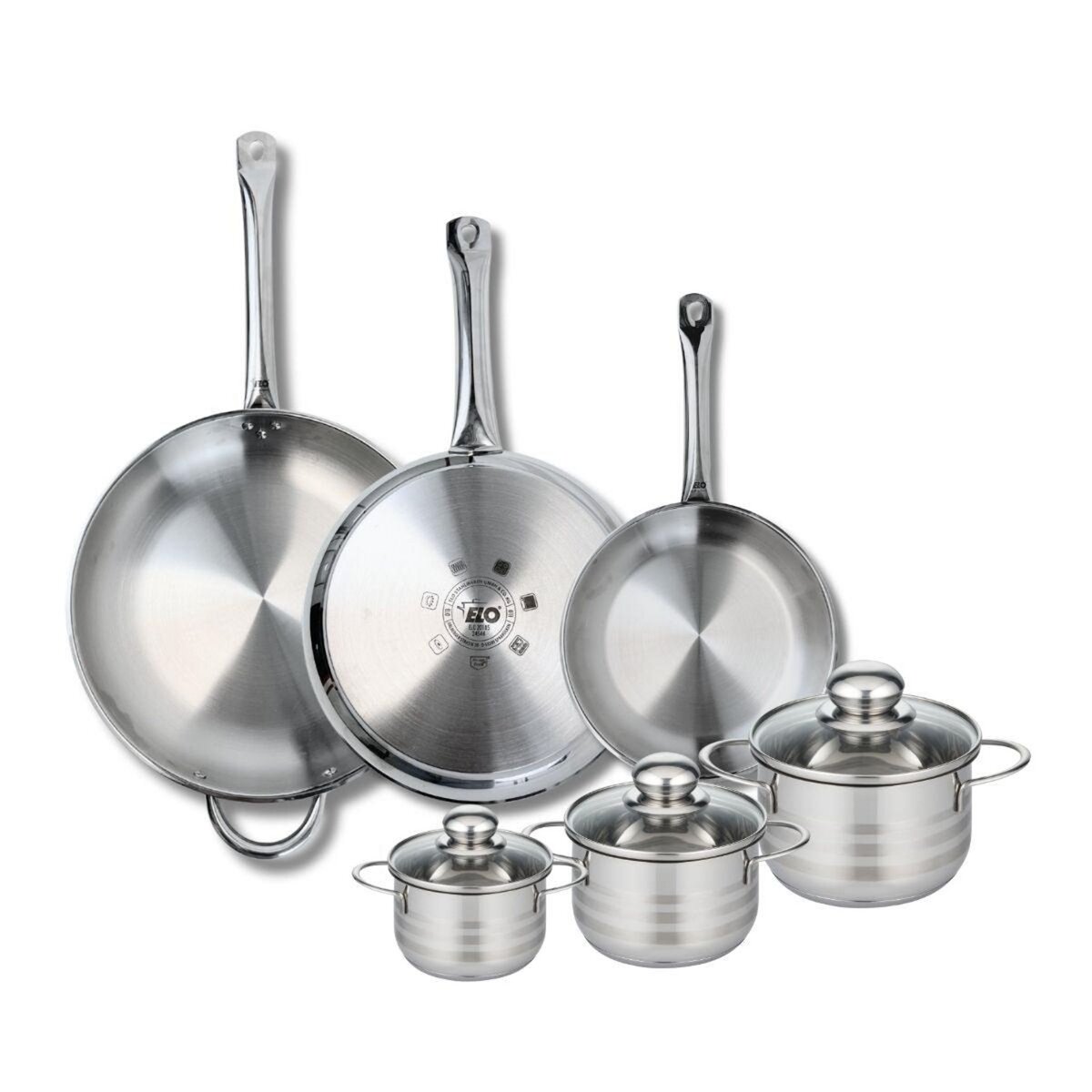 ELO Ensemble de 3 Poêles de cuisson 24, 28 et 32 cm et 3 faitouts 12, 14 et 16 cm Elo Profi Brillant