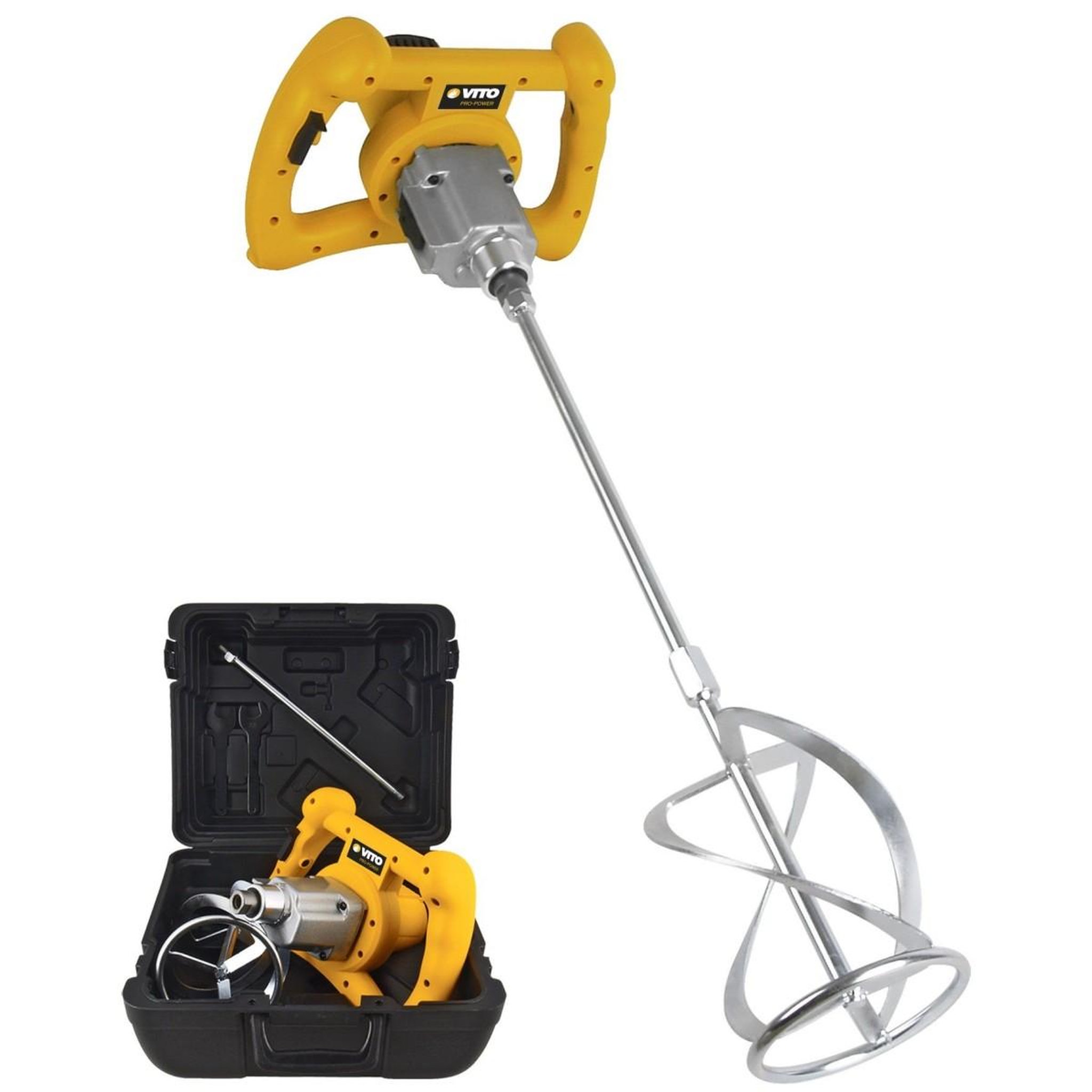 Voir la diapositive 2 : VITO Malaxeur de chantier 1400w mélangeur à béton tige 590mm pale 140 mm capacité 65l 2 vitesses coffre de rangement vito