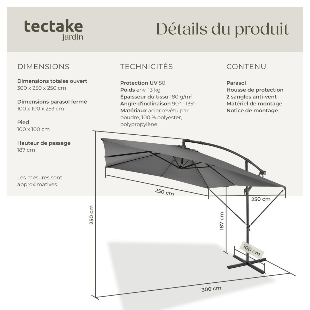 tectake Parasol 250 x 250 cm gris clair